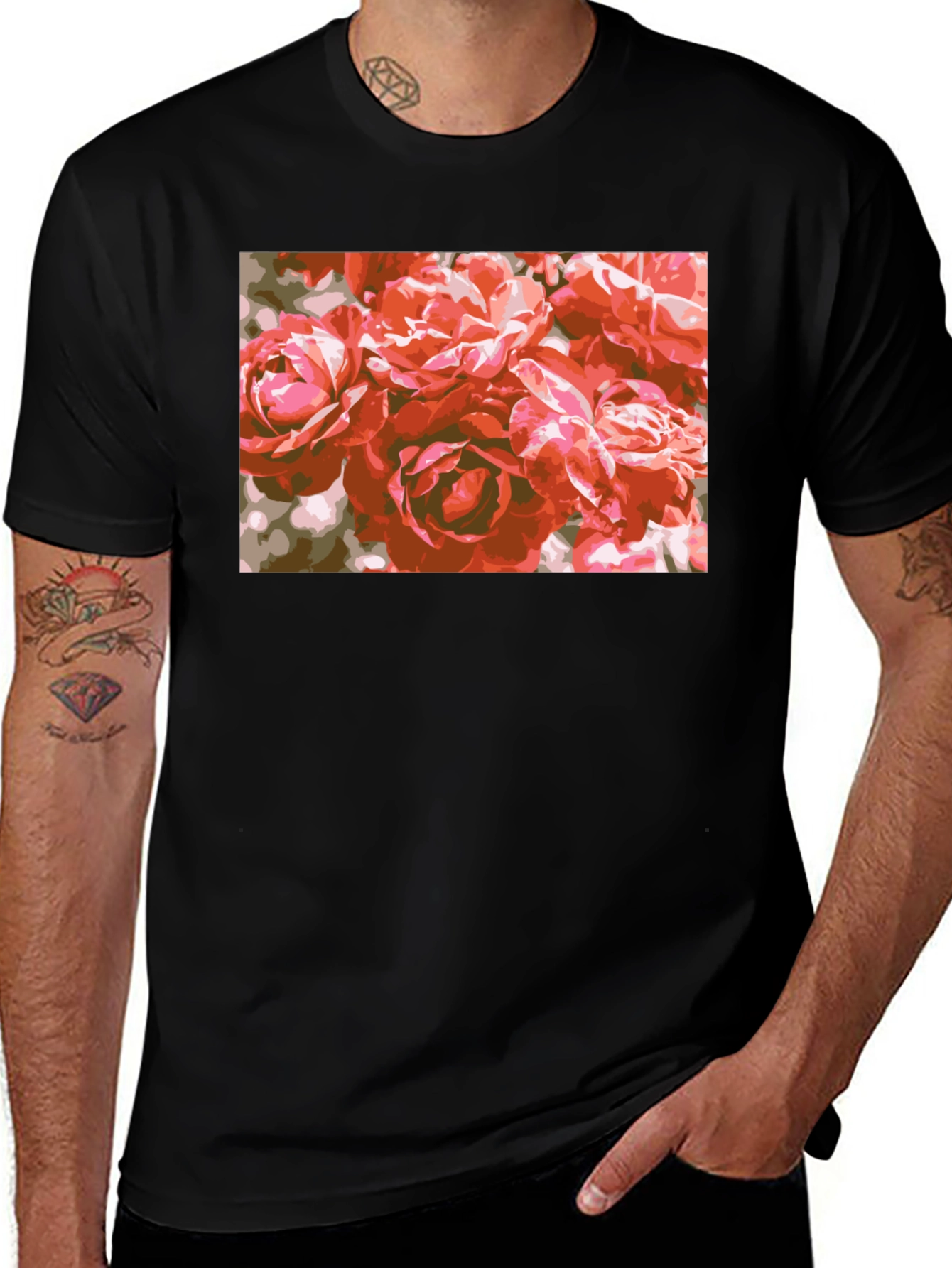 Variant 17 of Floral Print Tee - Bold Rose Design, Black