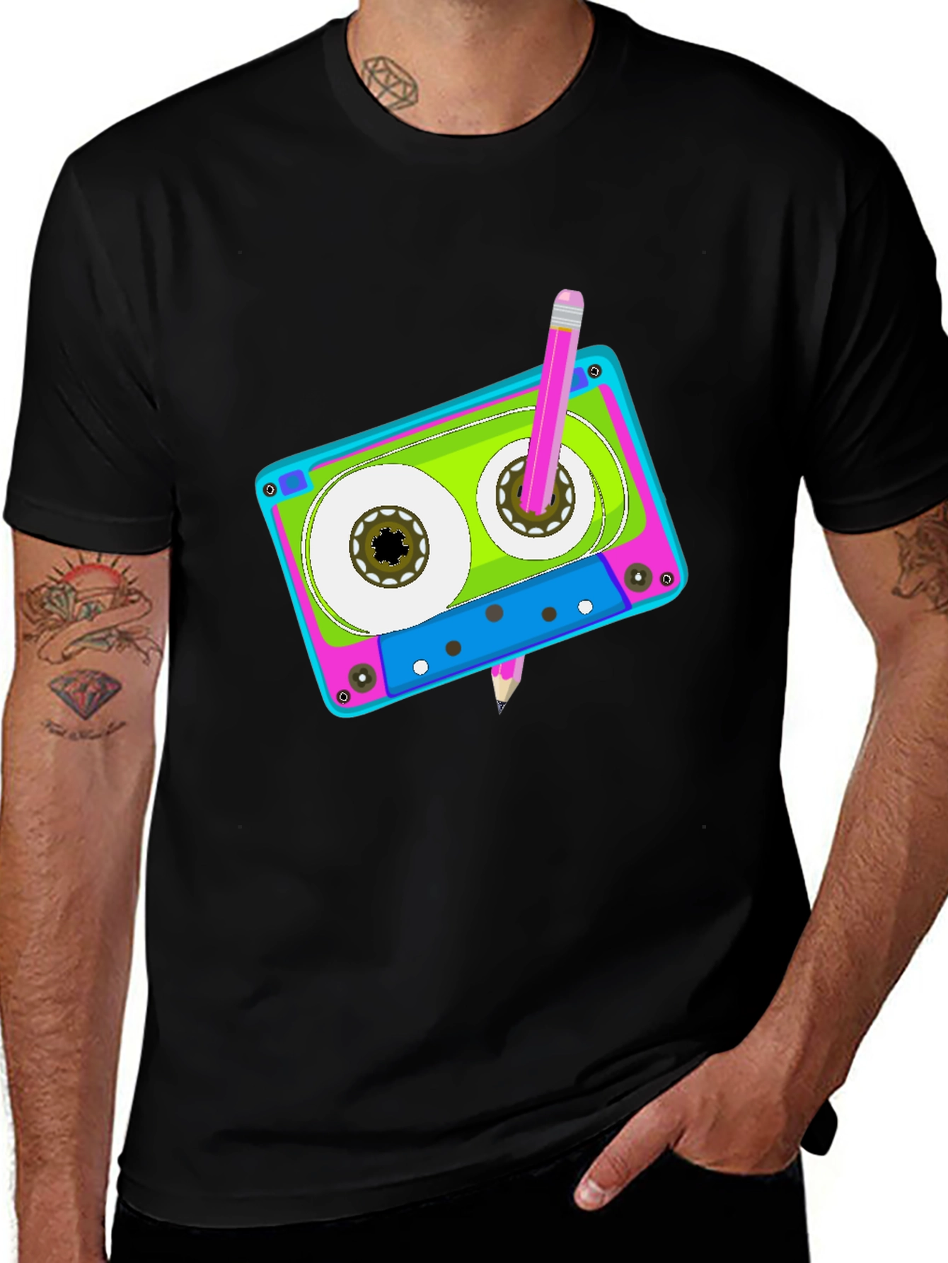 Variant 11 of Retro Cassette Tape and Pencil Graphic Tee