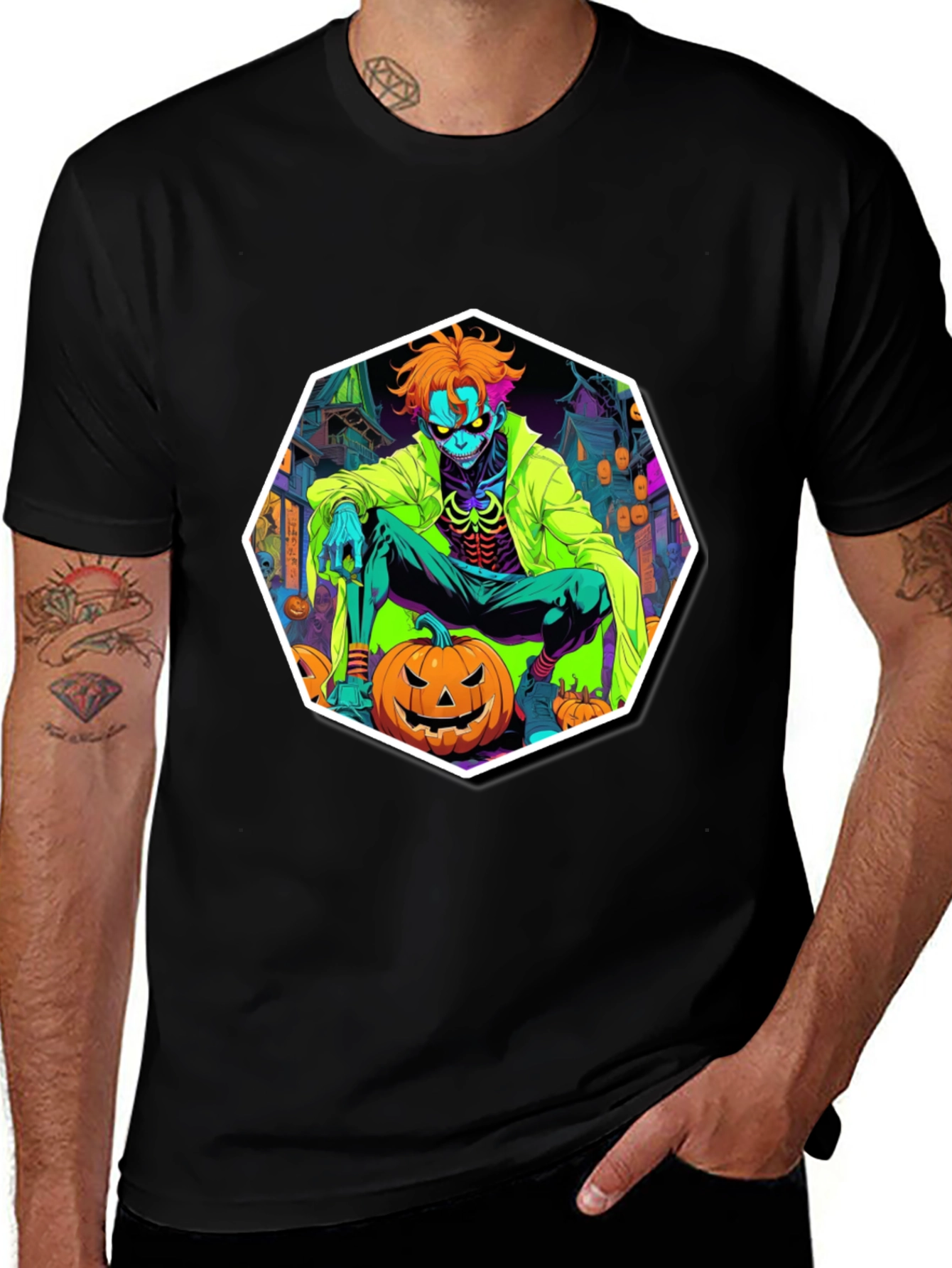Variant 29 of Halloween Pumpkin Zombie Graphic Tee - Black