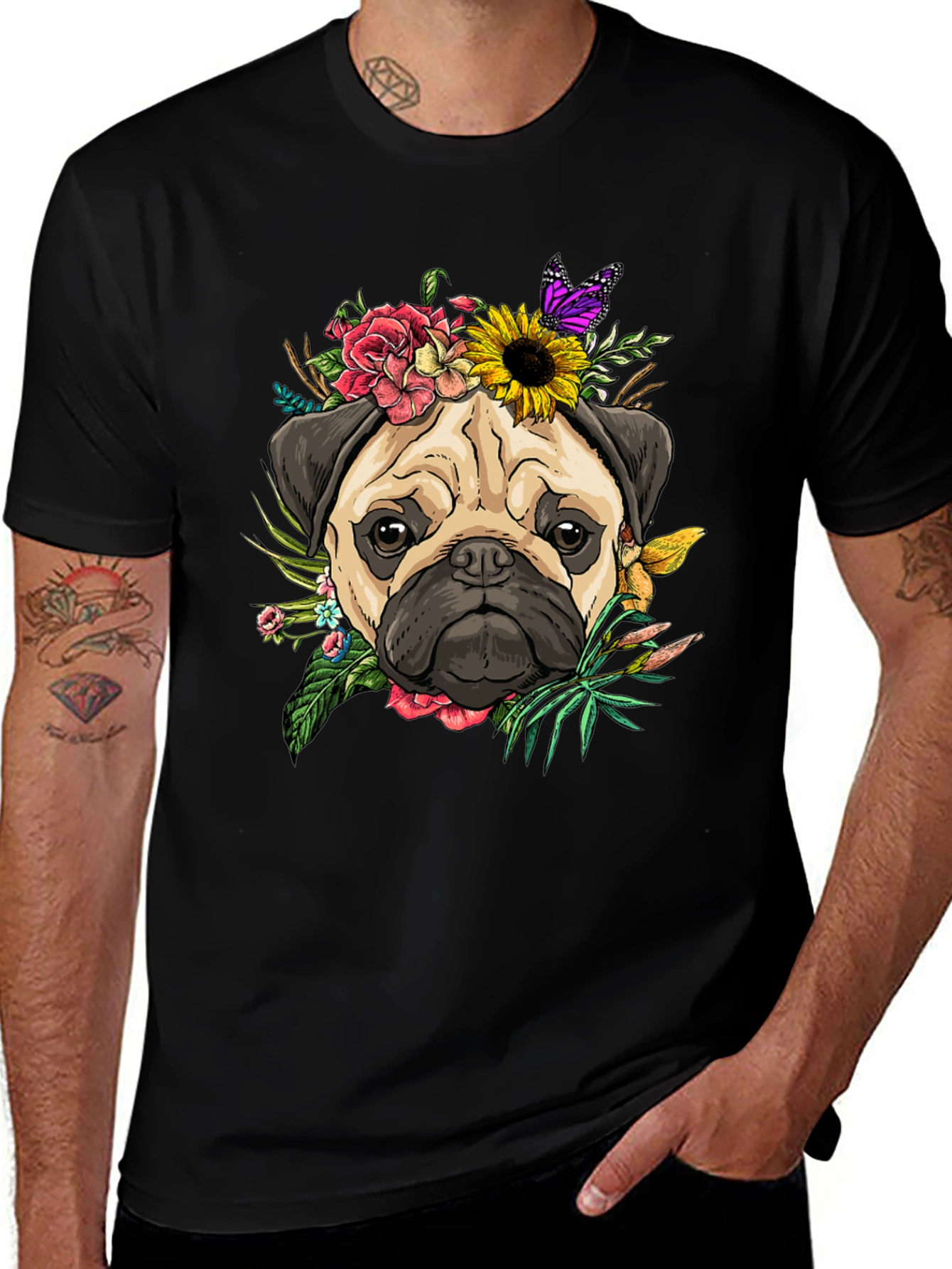 Variant 2 of Floral Pug Graphic Tee - Stylish Black T-Shirt