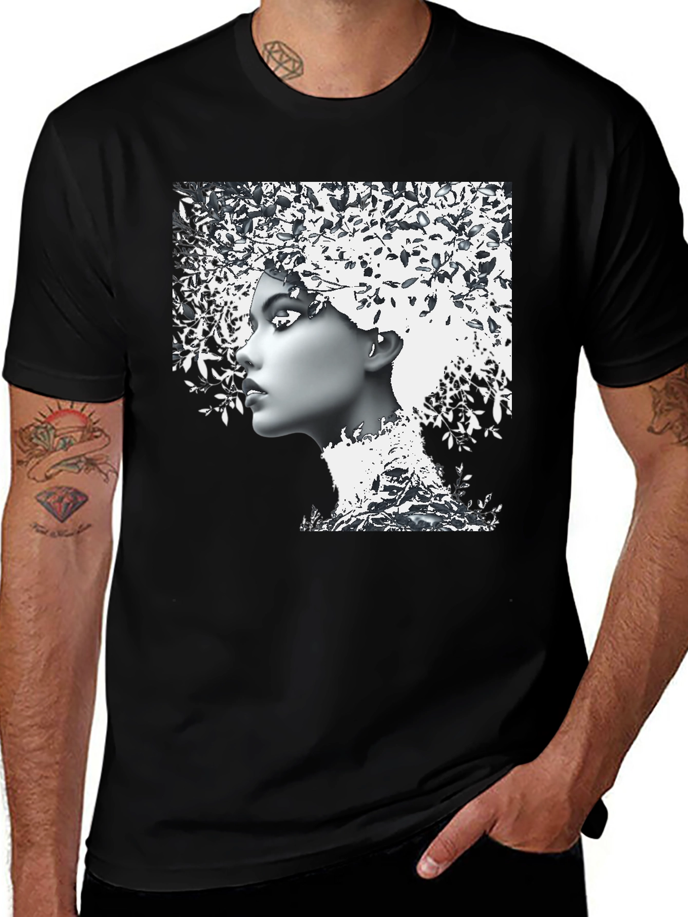 Variant 17 of Woman with Leaf Hair Black T-Shirt