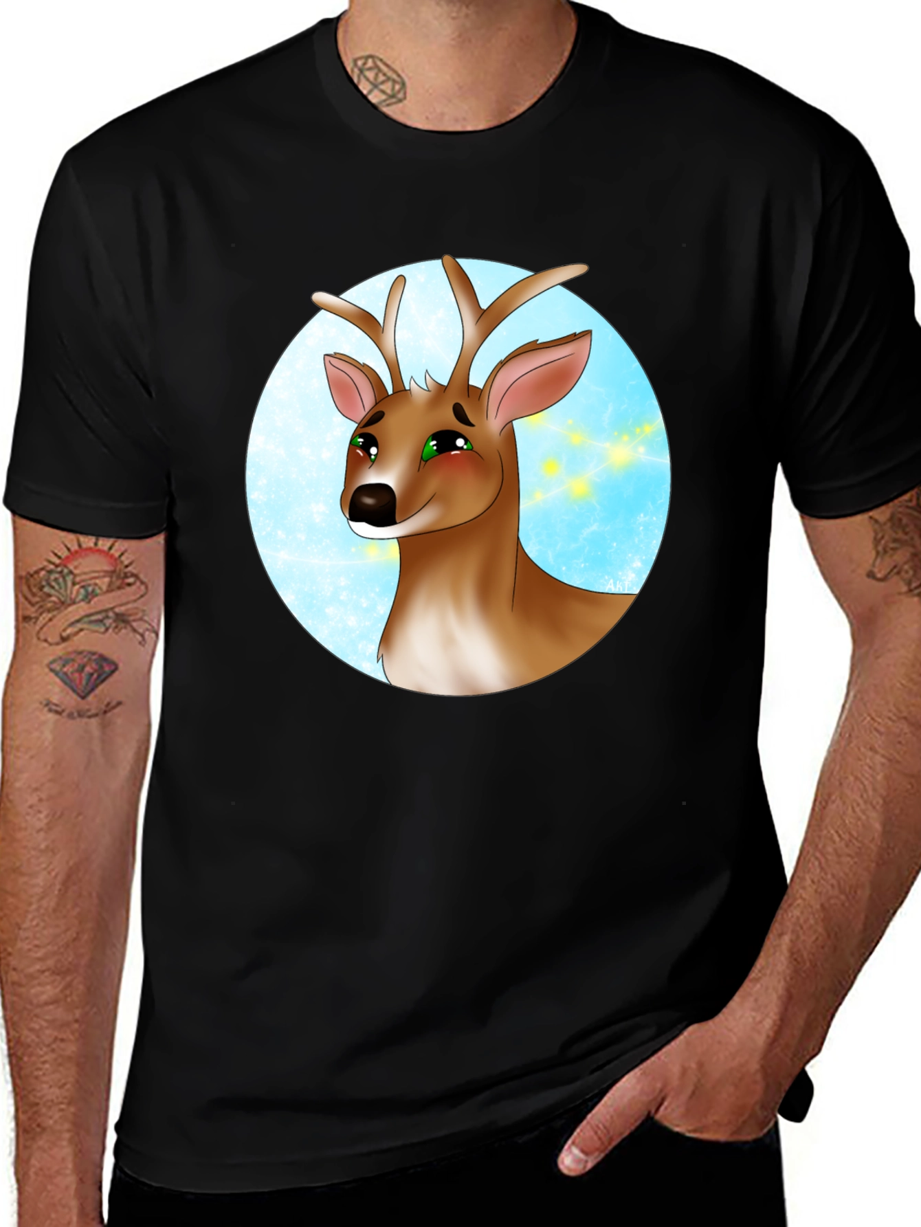 Variant 18 of Deer Cartoon Graphic Print Black T-Shirt