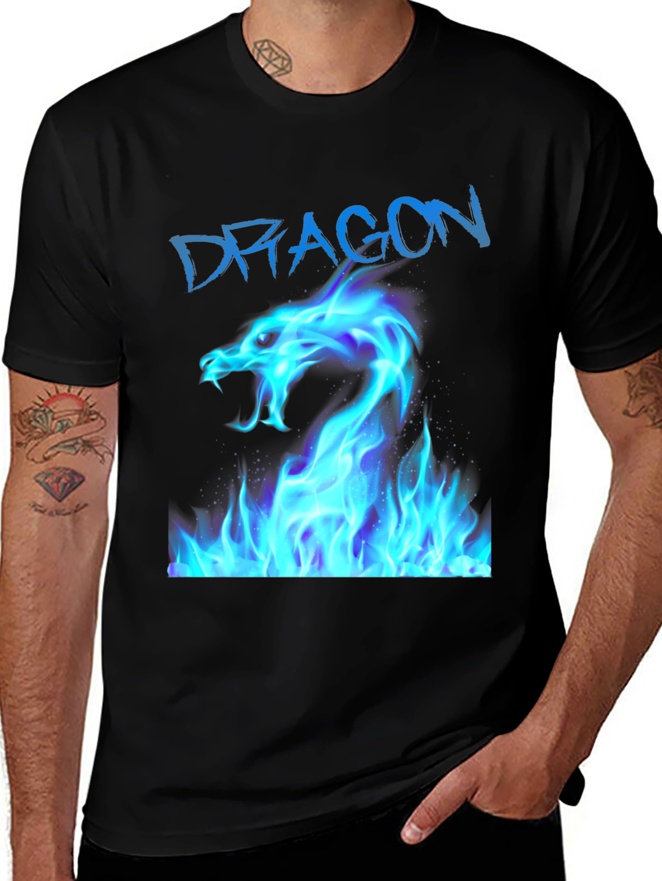 Variant 5 of Black T-Shirt with Blue Dragon Fire Design