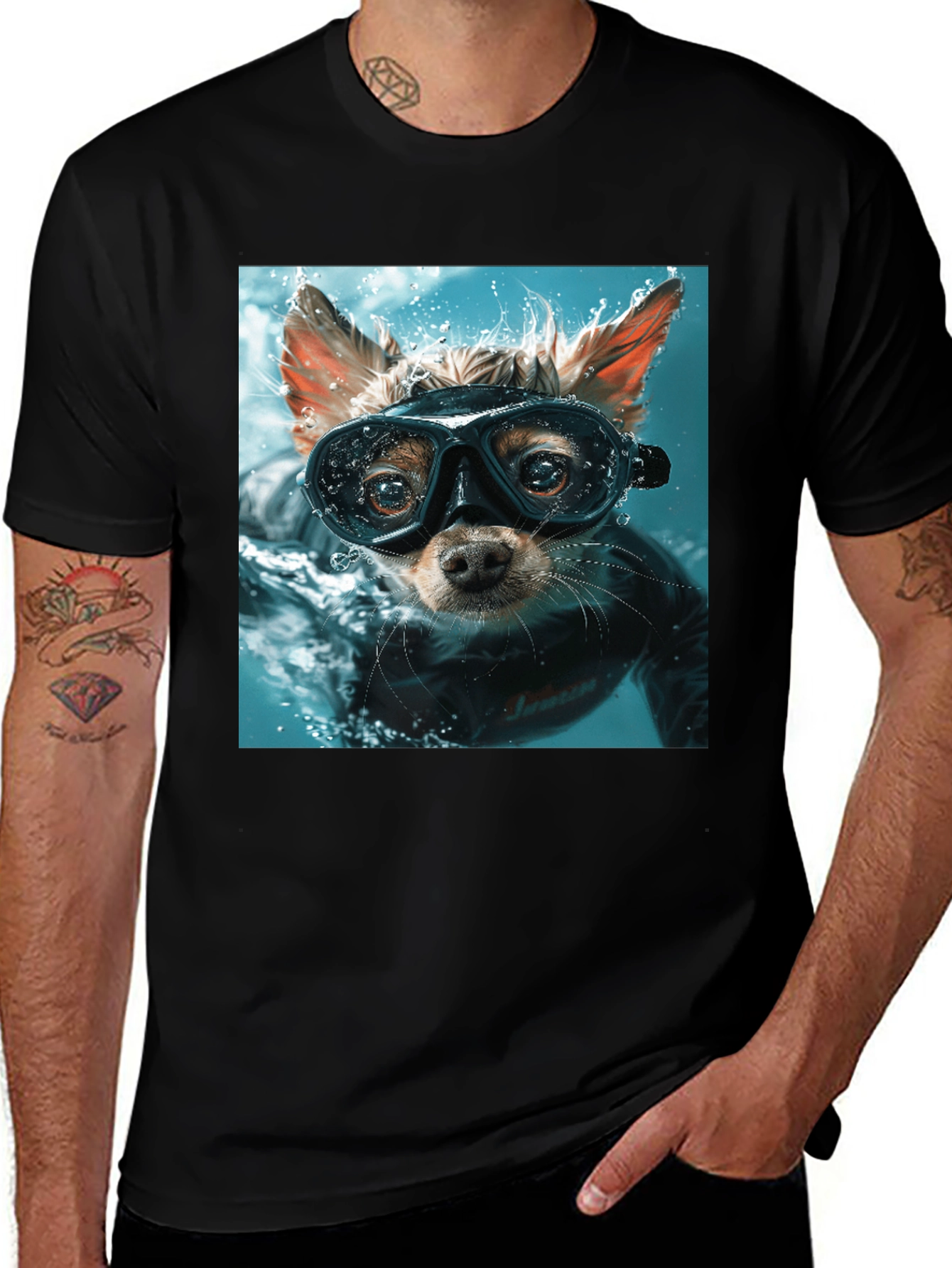 Variant 12 of Funny Dog Diver Graphic Tee - Black Cotton T-Shirt