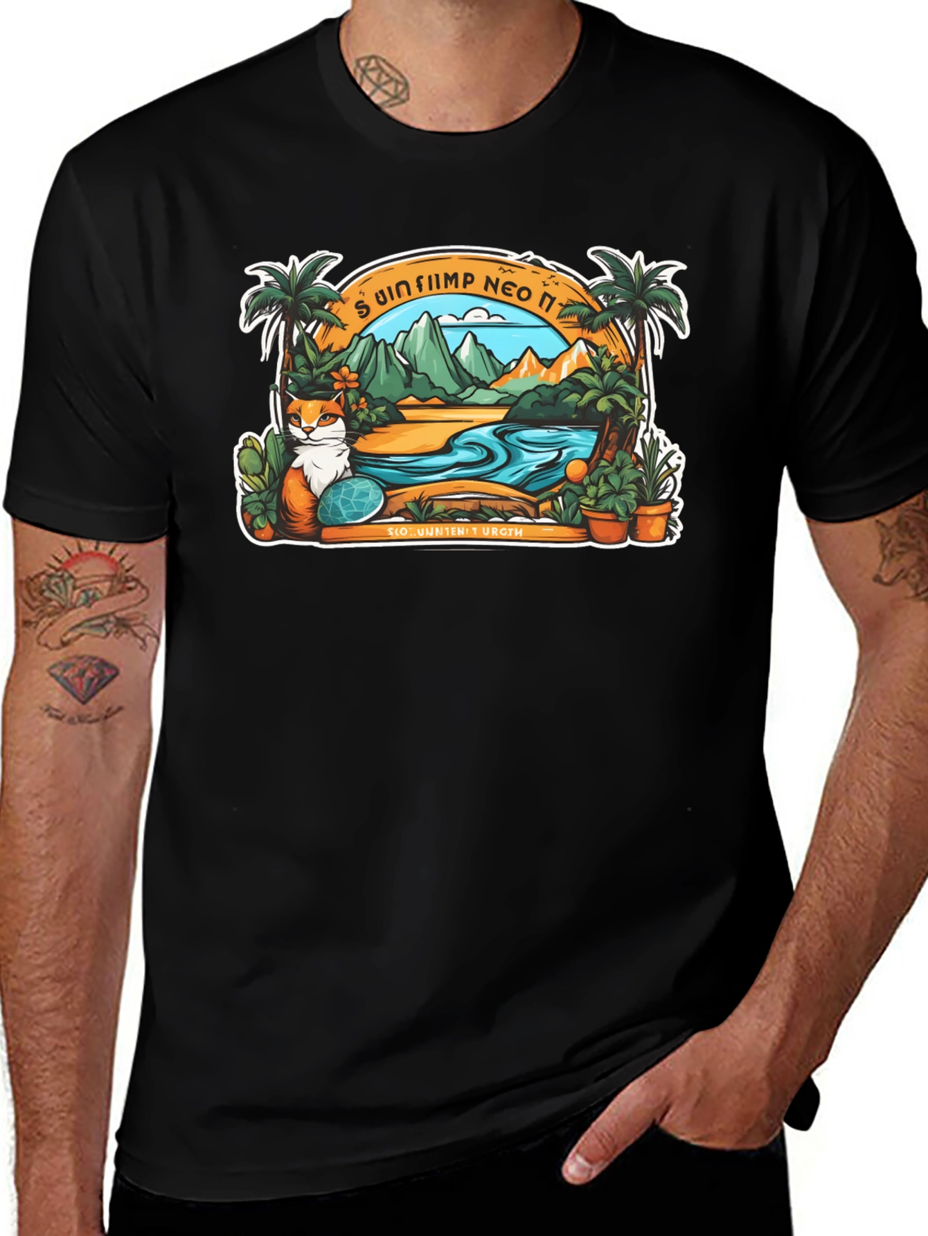 Black Tropical Cat Paradise Black T-Shirt main image