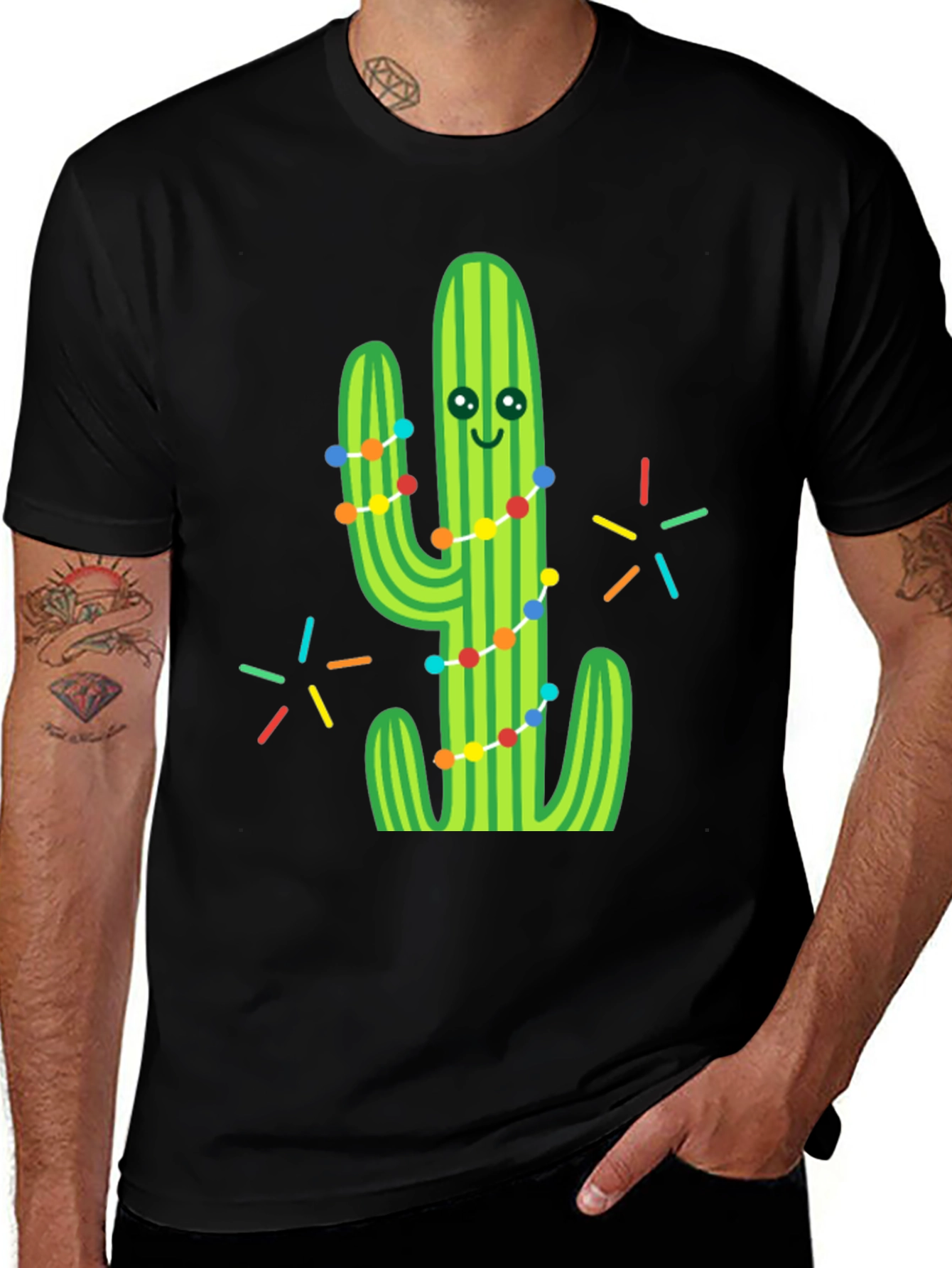 Variant 6 of Festive Cactus Graphic Tee - Black Cotton T-Shirt
