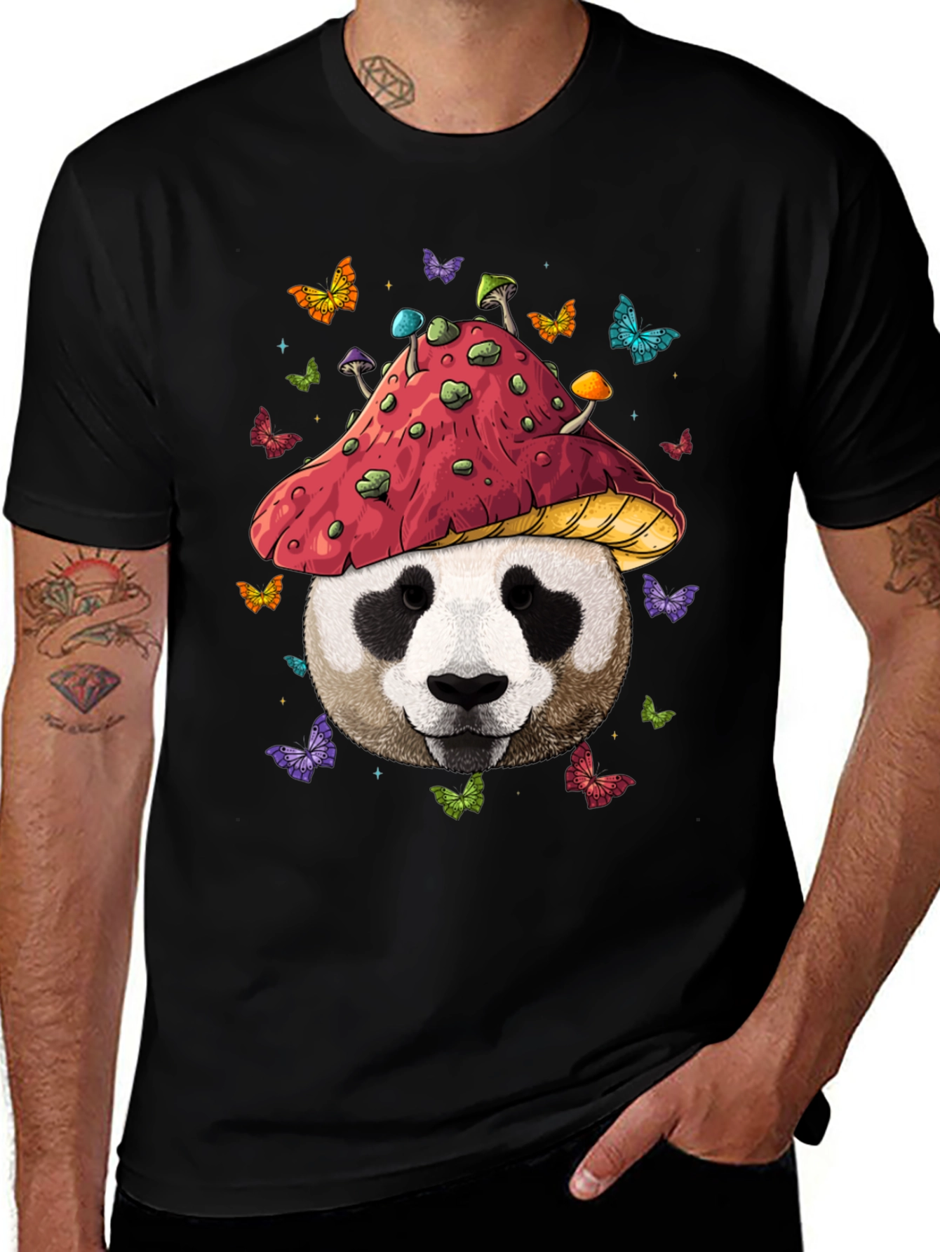 Black Panda Mushroom T-Shirt - Whimsical Graphic Tee main image