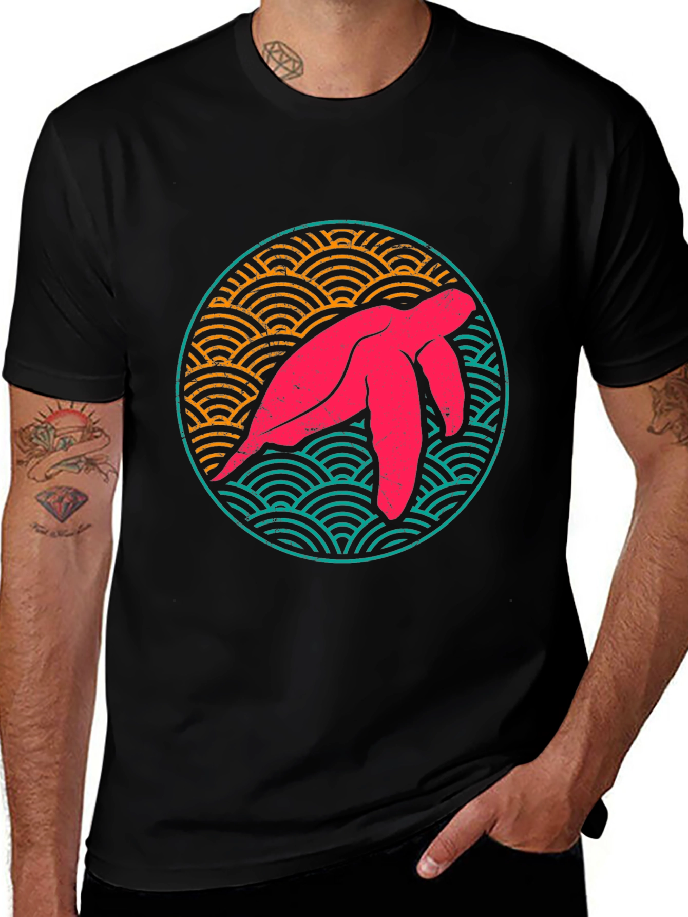 Variant 5 of Retro Turtle Graphic Tee - Black Crew Neck Cotton Shirt
