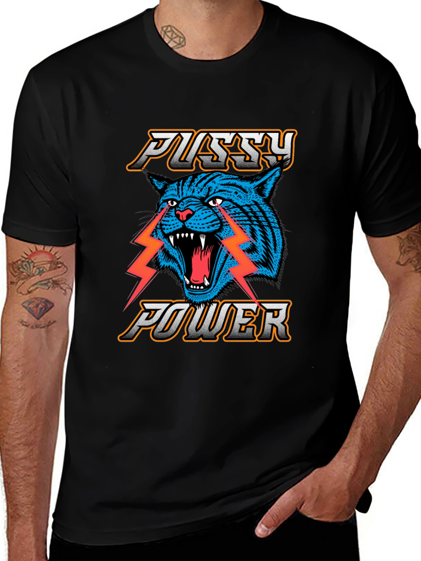 Variant 16 of Pussy Power Graphic Tee - Blue Cat Lightning