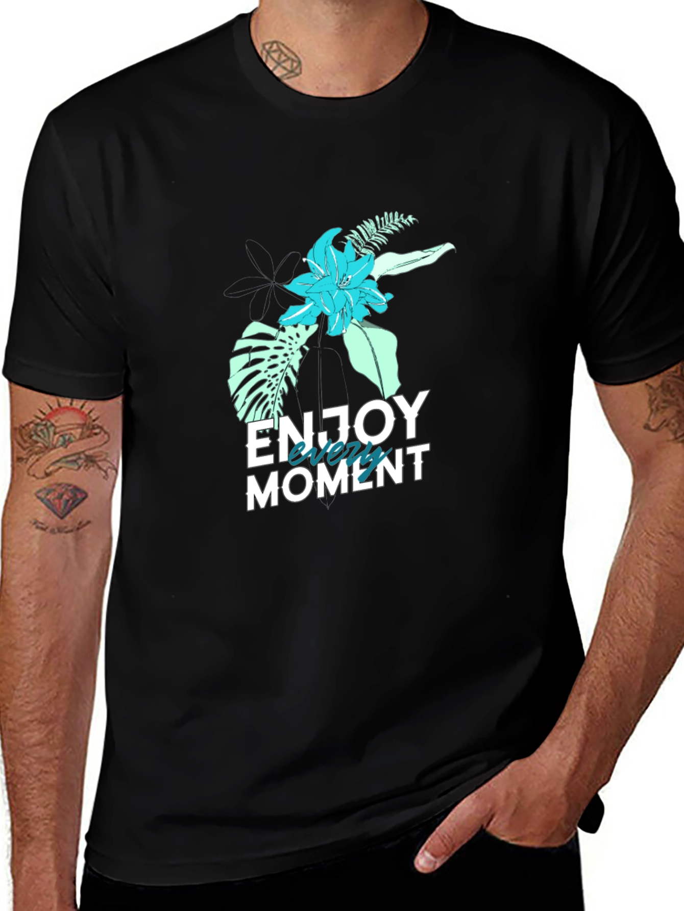 Variant 19 of Men's Black Floral "Enjoy the Moment" Graphic Tee