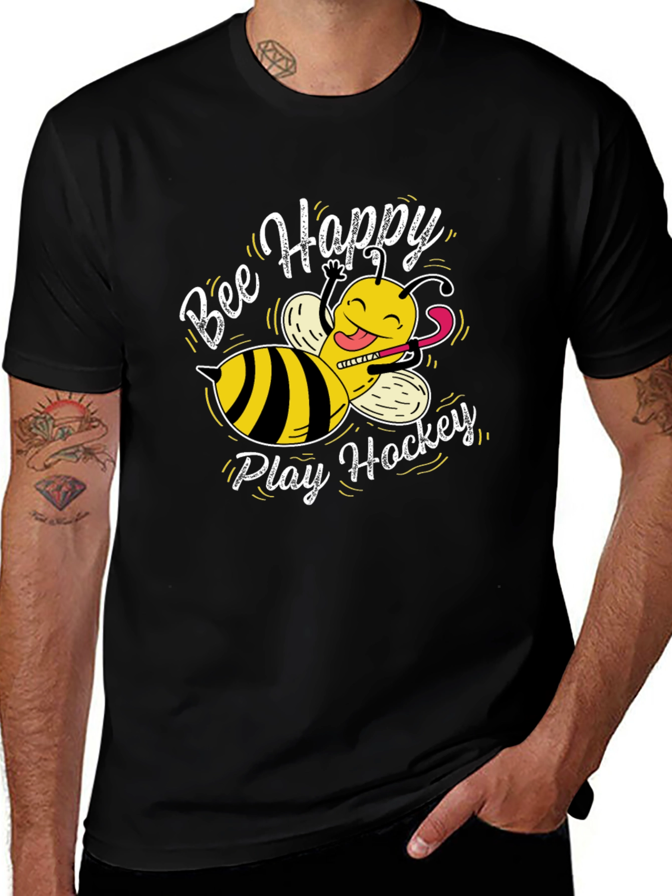 Variant 18 of Bee Happy Play Hockey Black Graphic T-Shirt