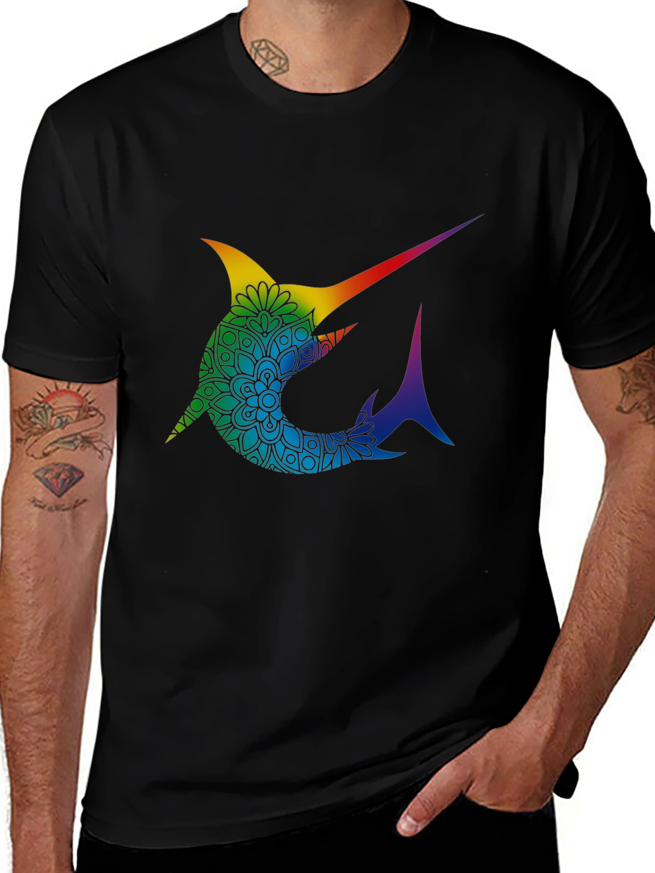 Variant 27 of Rainbow Marlin Mandala Graphic Tee - Stylish Black T-Shirt