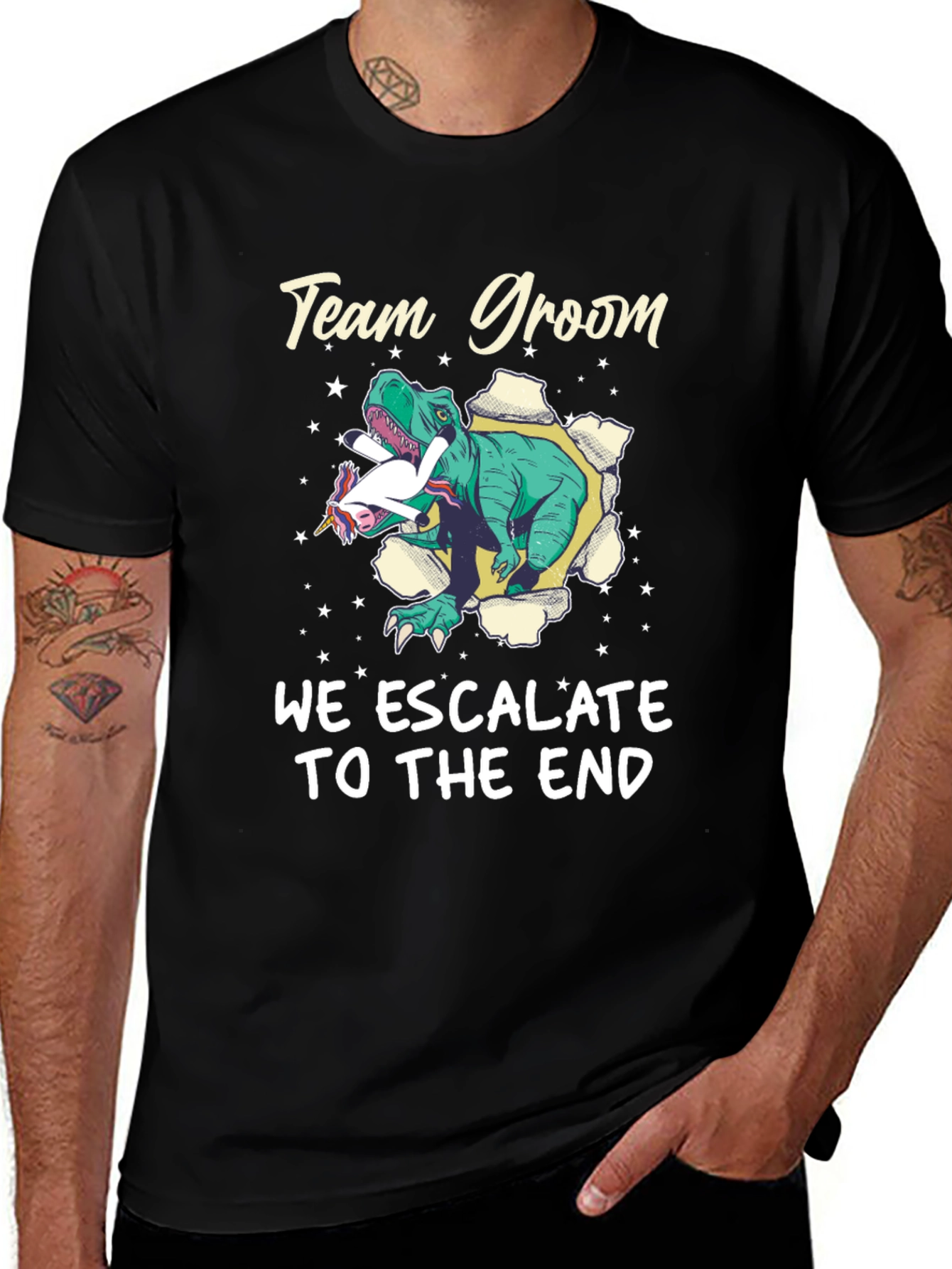 Variant 28 of Team Groom T-Rex Unicorn Wedding Men's Black T-Shirt