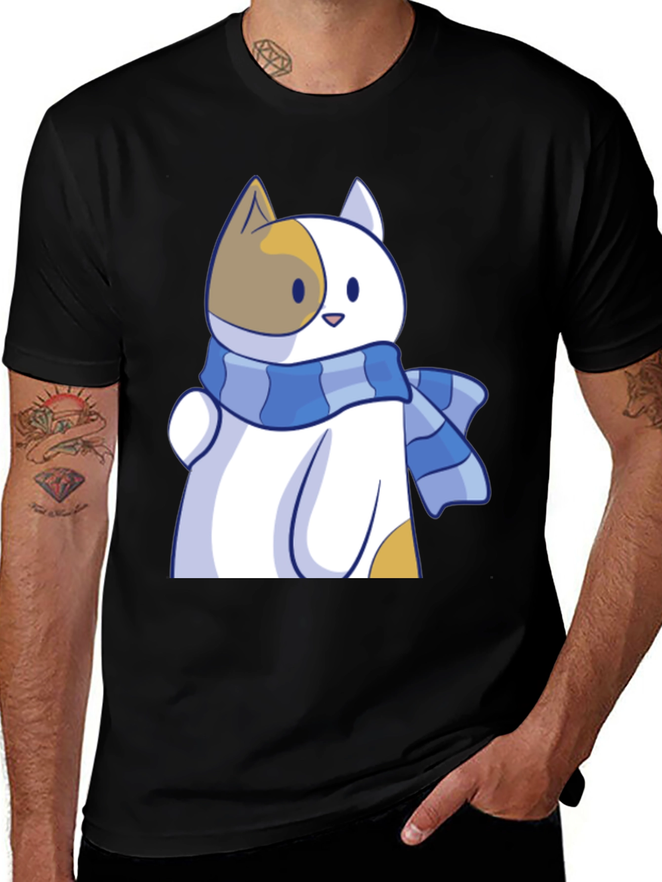 Variant 9 of Cute Cat Scarf Graphic Tee - Stylish Comfort