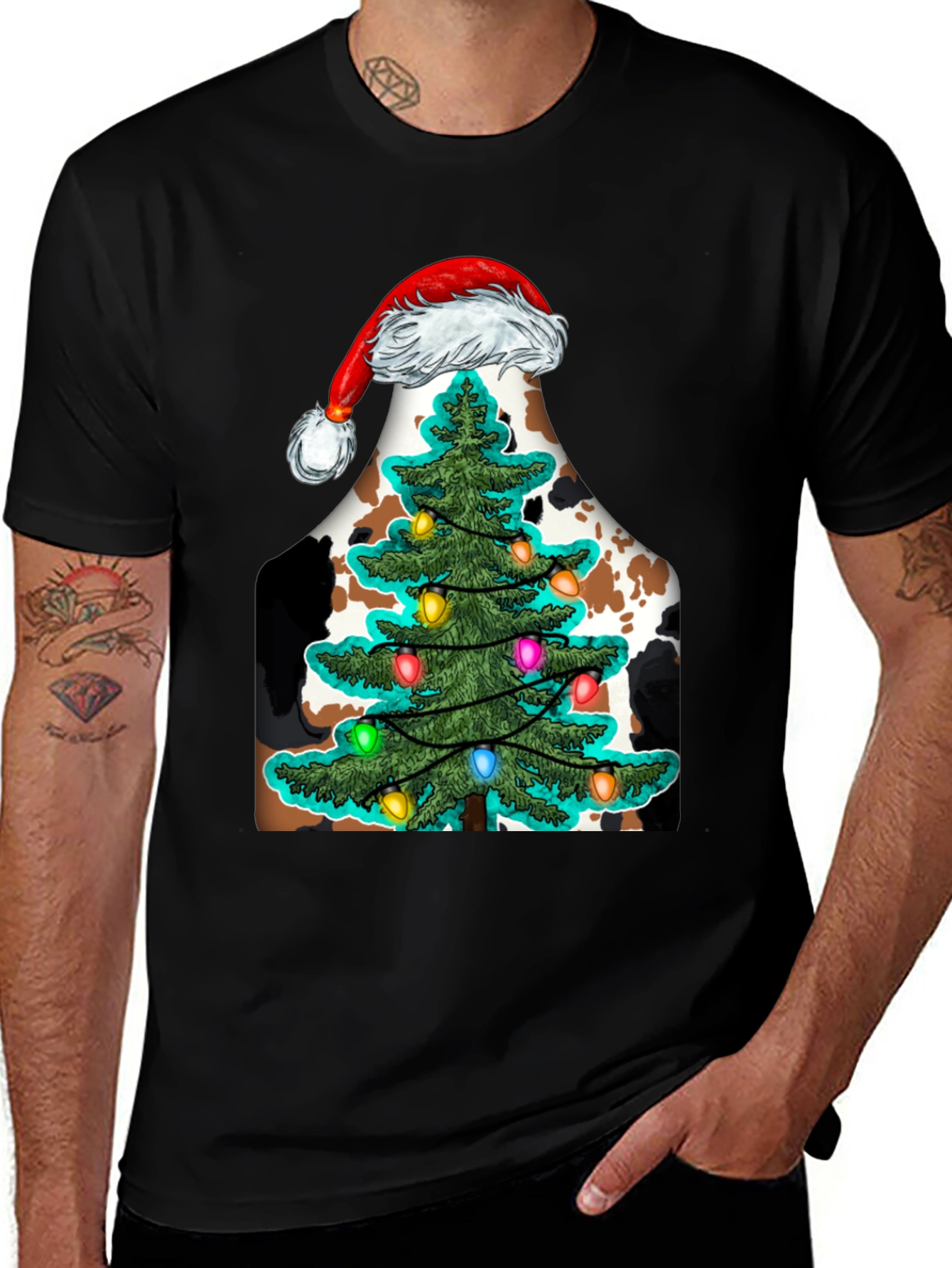 Christmas Cow Tee with Santa Hat & Tree