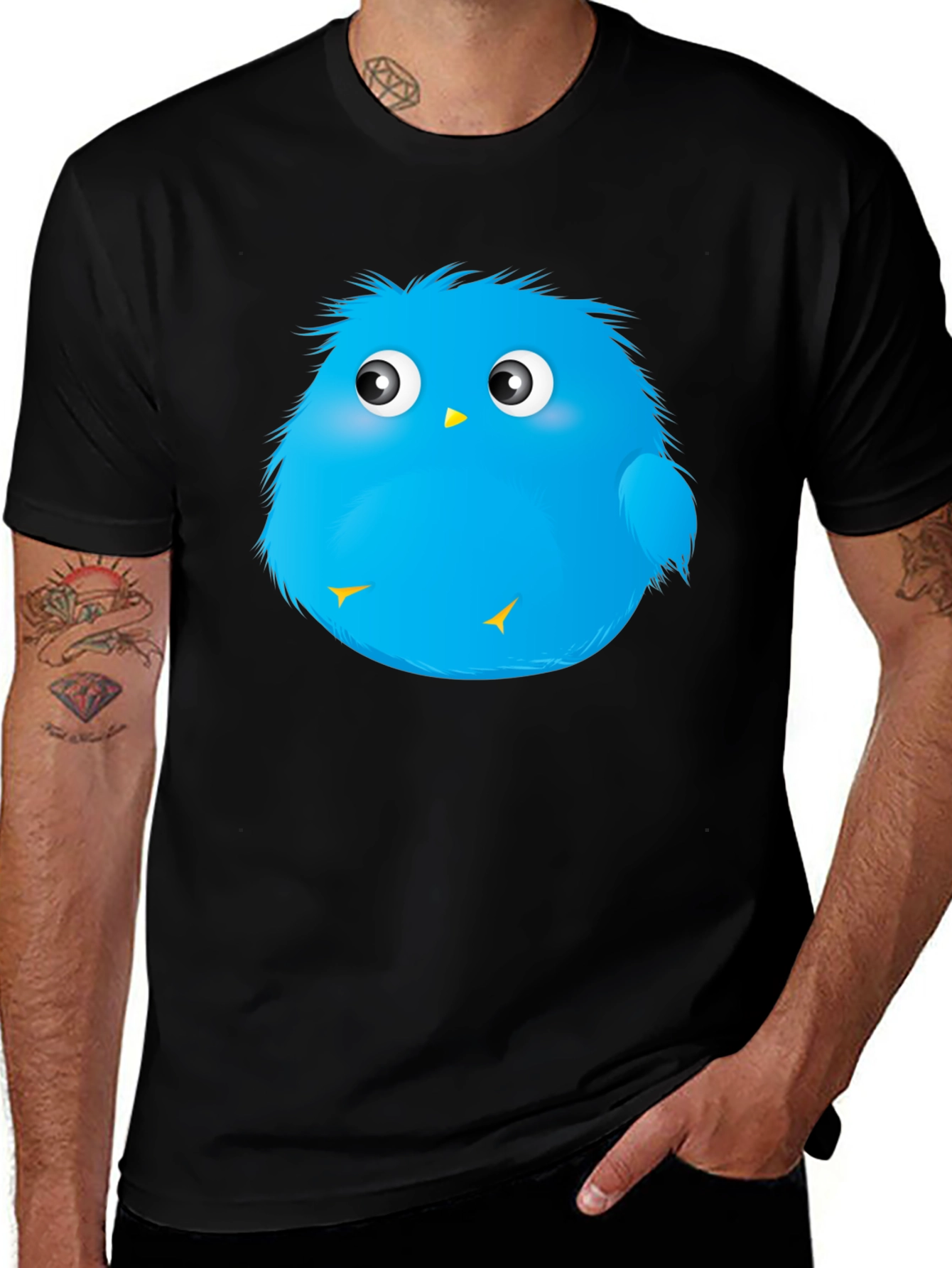 Cute Blue Bird Graphic Black T-Shirt