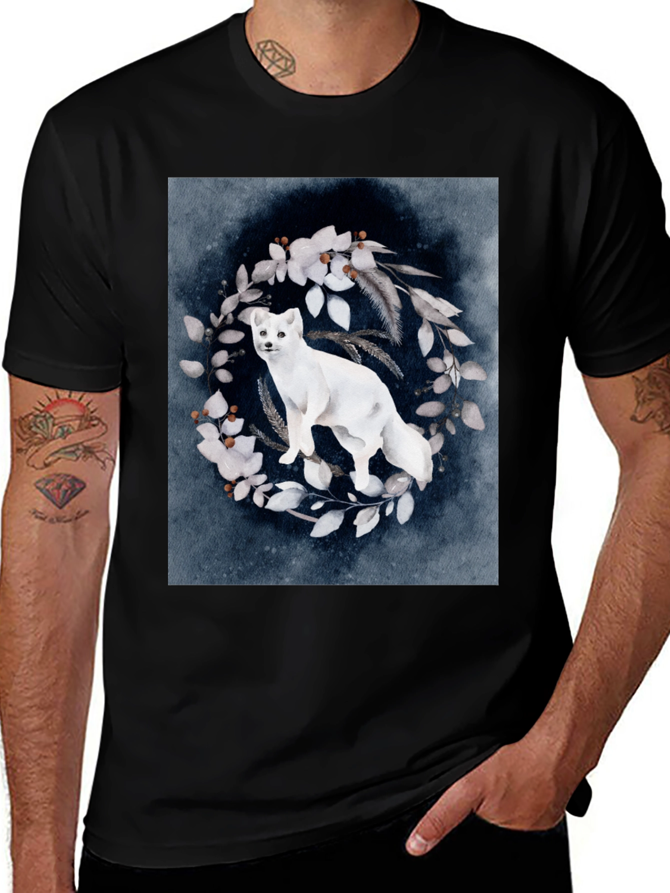 Variant 18 of Arctic Fox Floral Wreath Graphic Tee