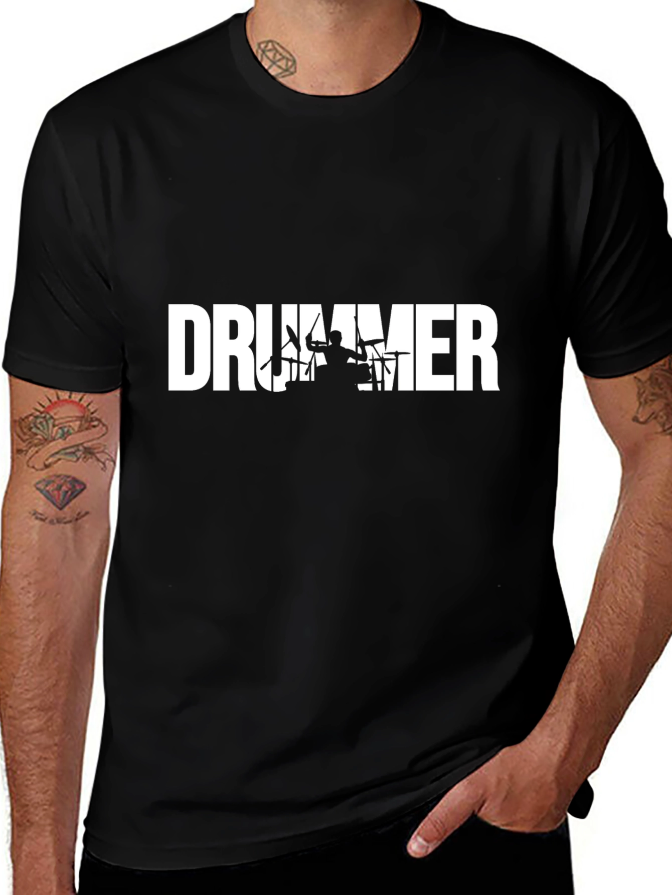 Variant 30 of Drummer Silhouette Graphic Tee - Black Crew Neck