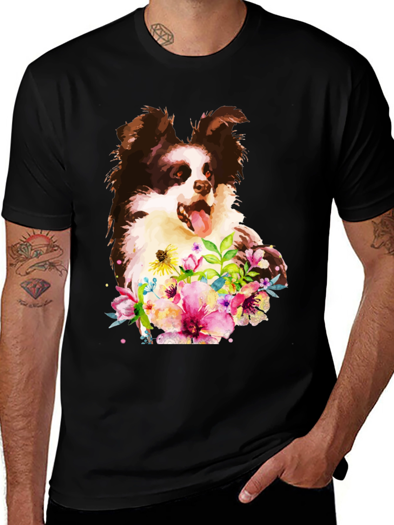 Variant 6 of Dog & Floral Black T-Shirt - Unique Design