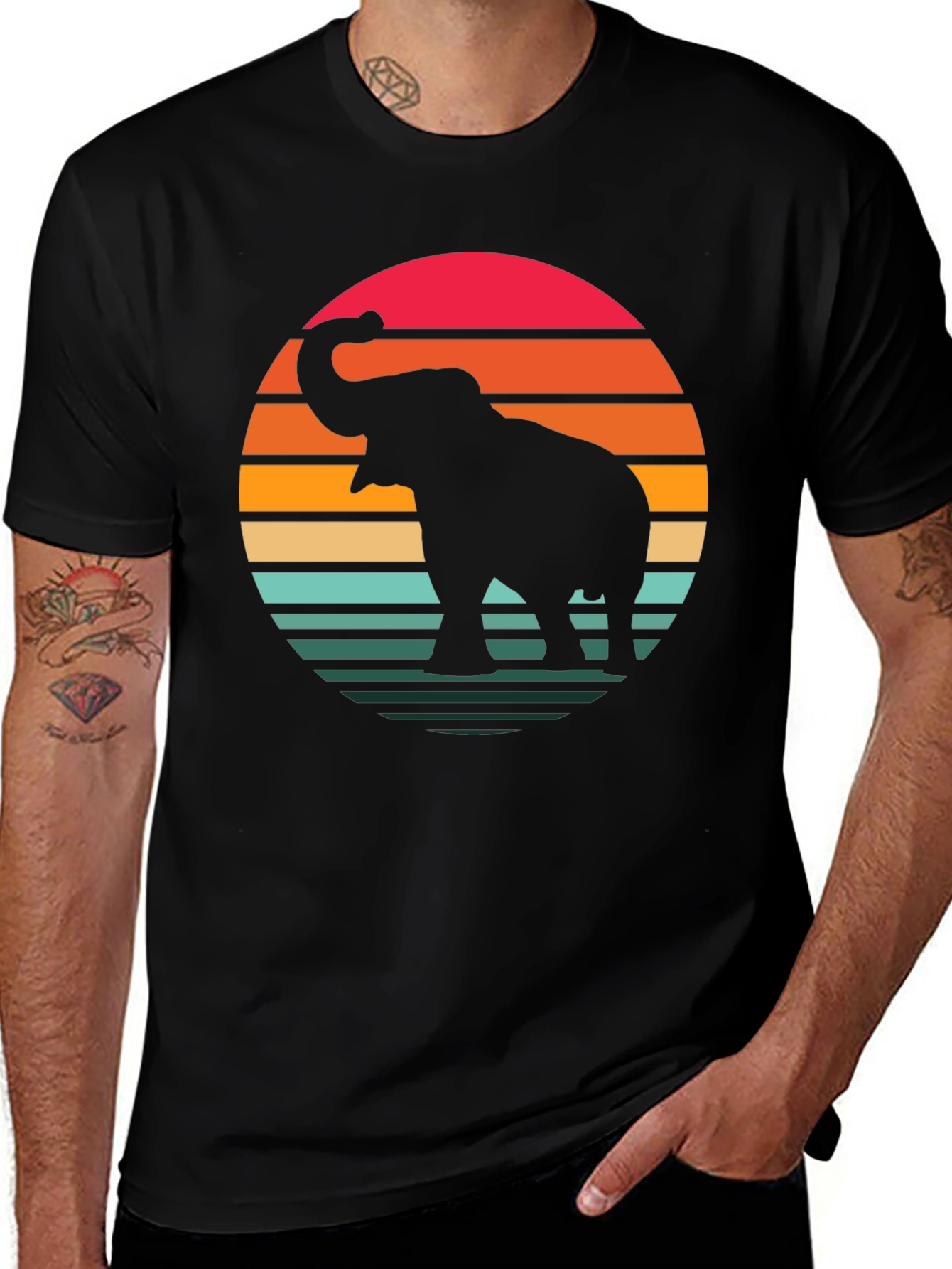 Variant 11 of Retro Elephant Sunset Graphic Tee - Black Cotton Blend Shirt