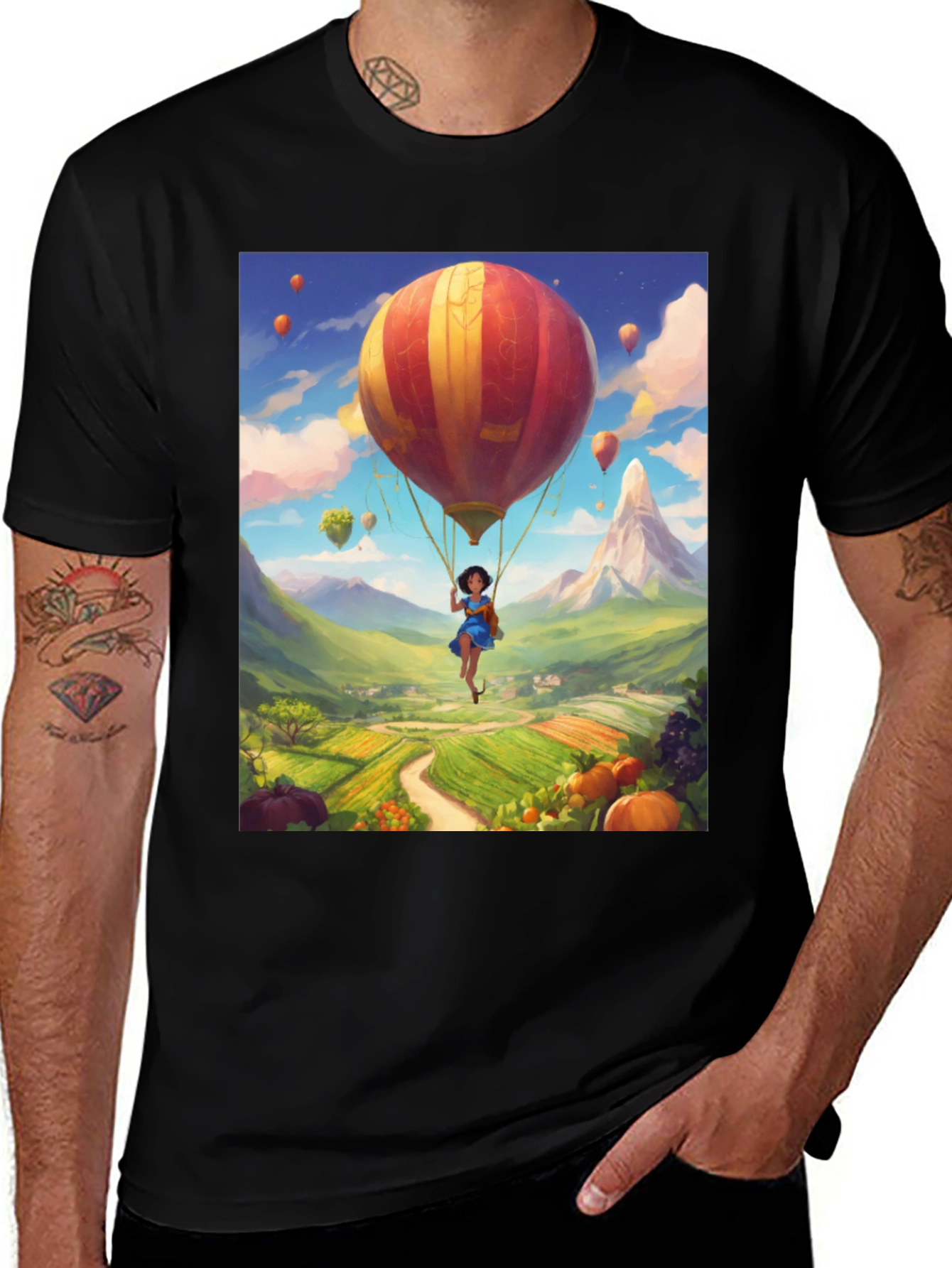 Variant 15 of Whimsical Hot Air Balloon Graphic Tee - Black
