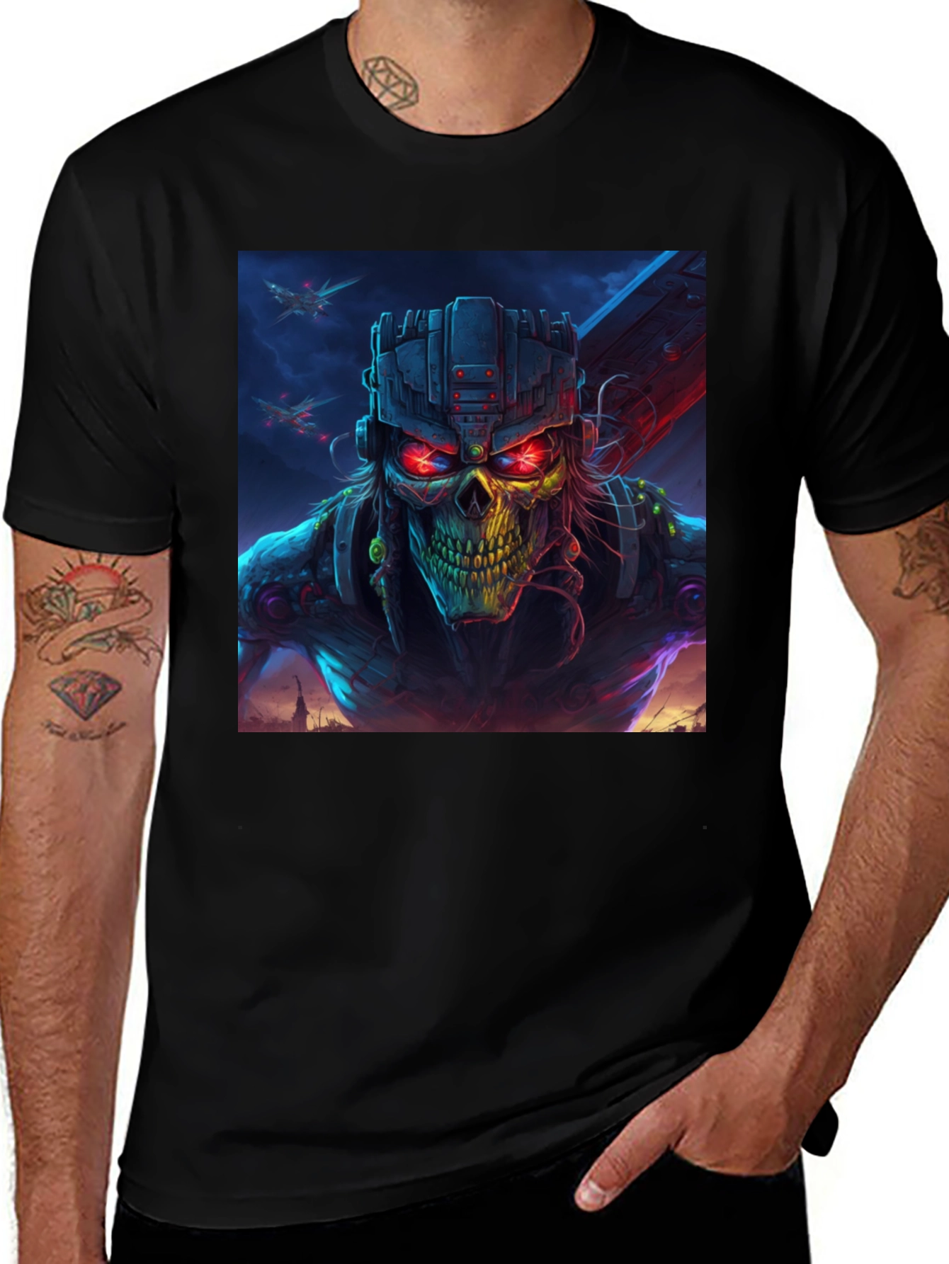 Variant 30 of Cyberpunk Skull Graphic Black T-Shirt