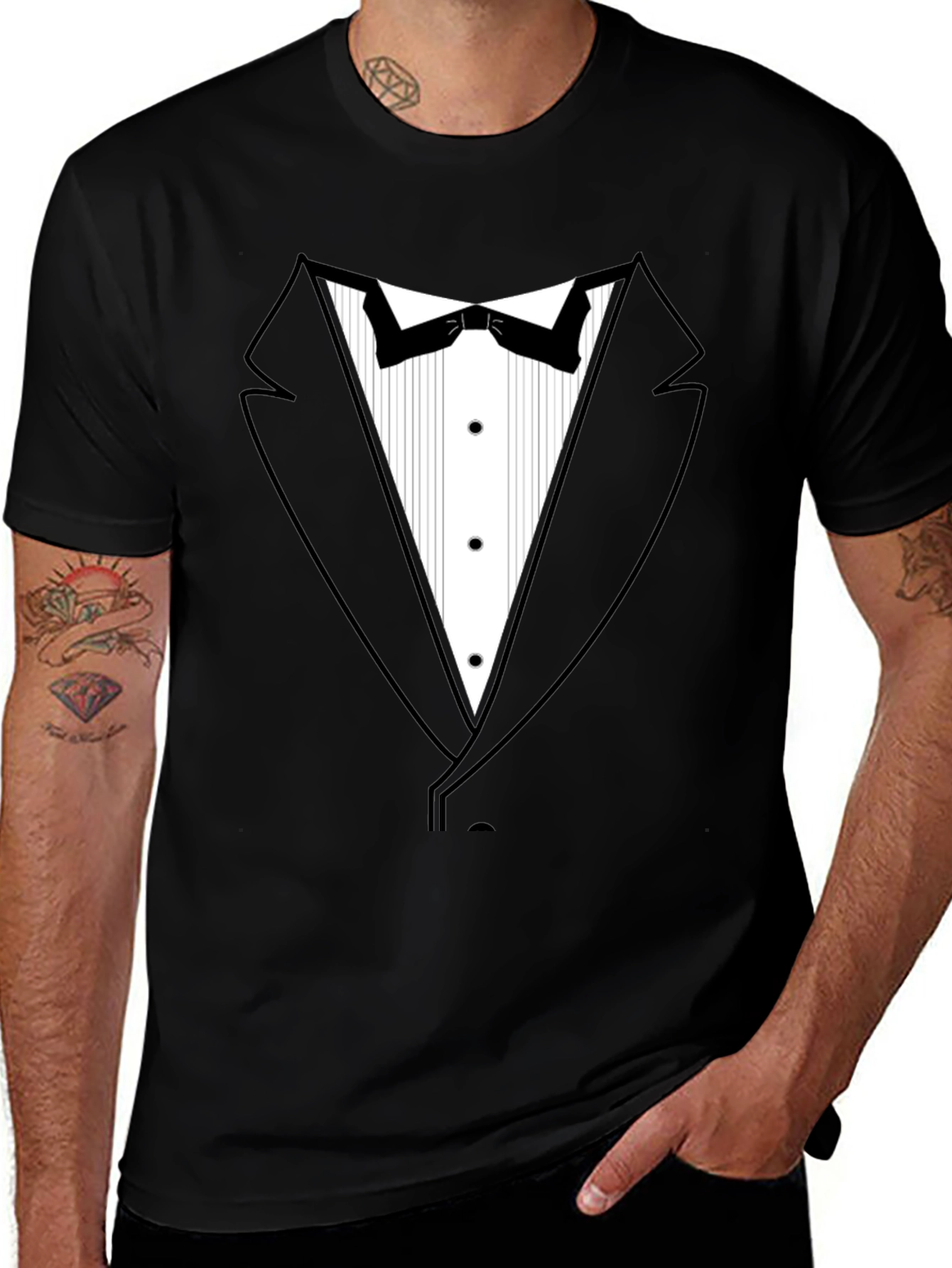 Variant 17 of Tuxedo Print Black T-Shirt: Formal Fun!