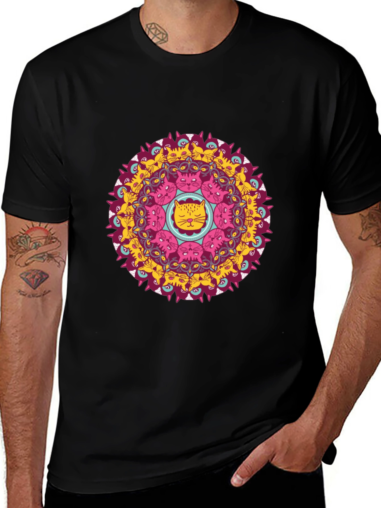 Variant 23 of Cat Mandala Graphic Print Black T-Shirt