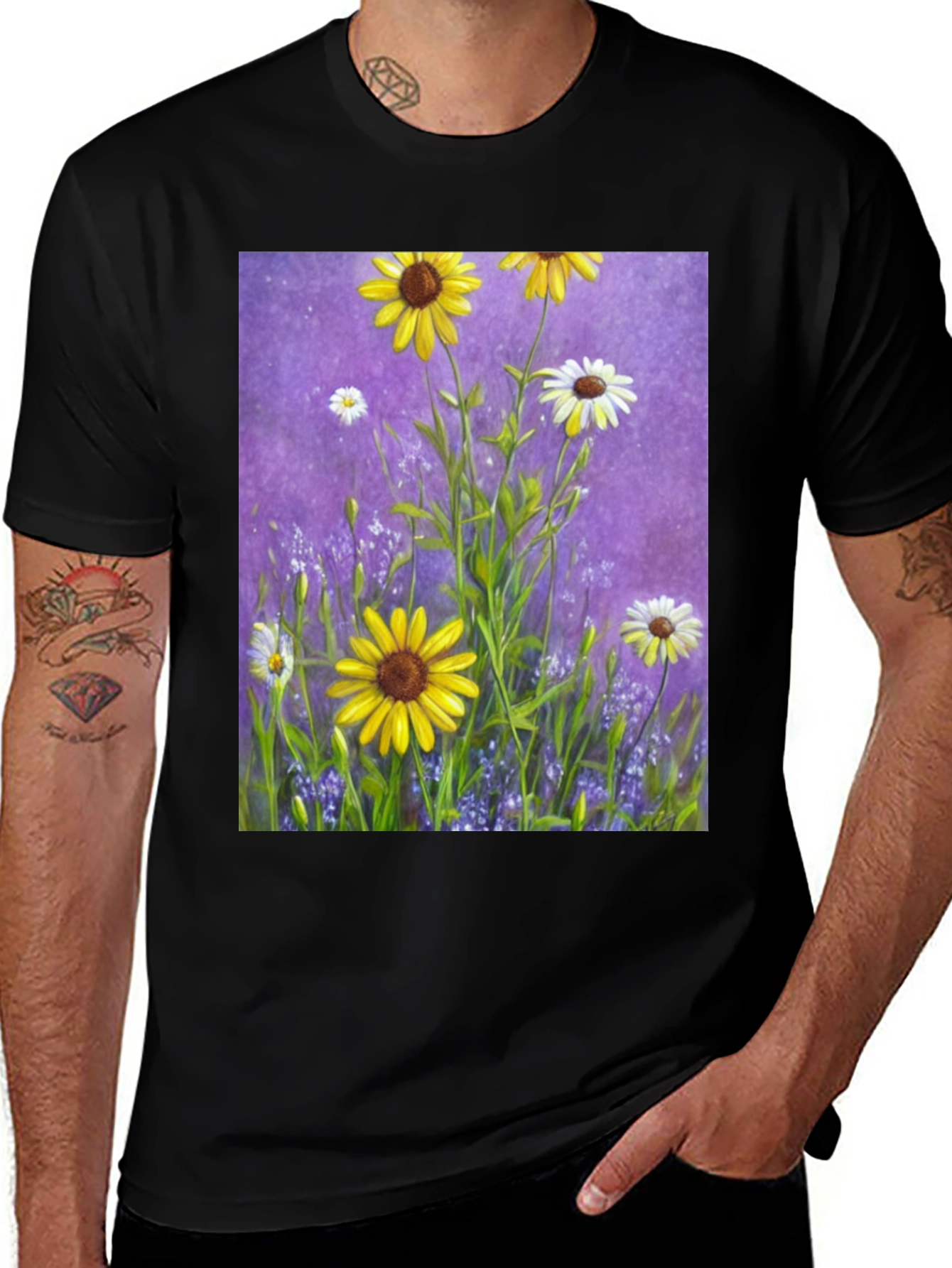 Black Floral Garden T-Shirt: Vibrant Sunflower Meadow Design main image