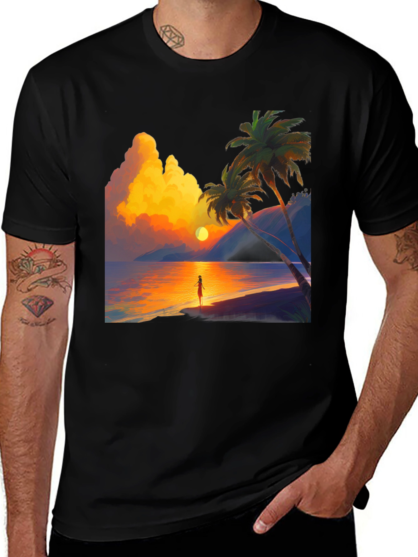 Variant 21 of Tropical Sunset Graphic Tee - Black Cotton Blend