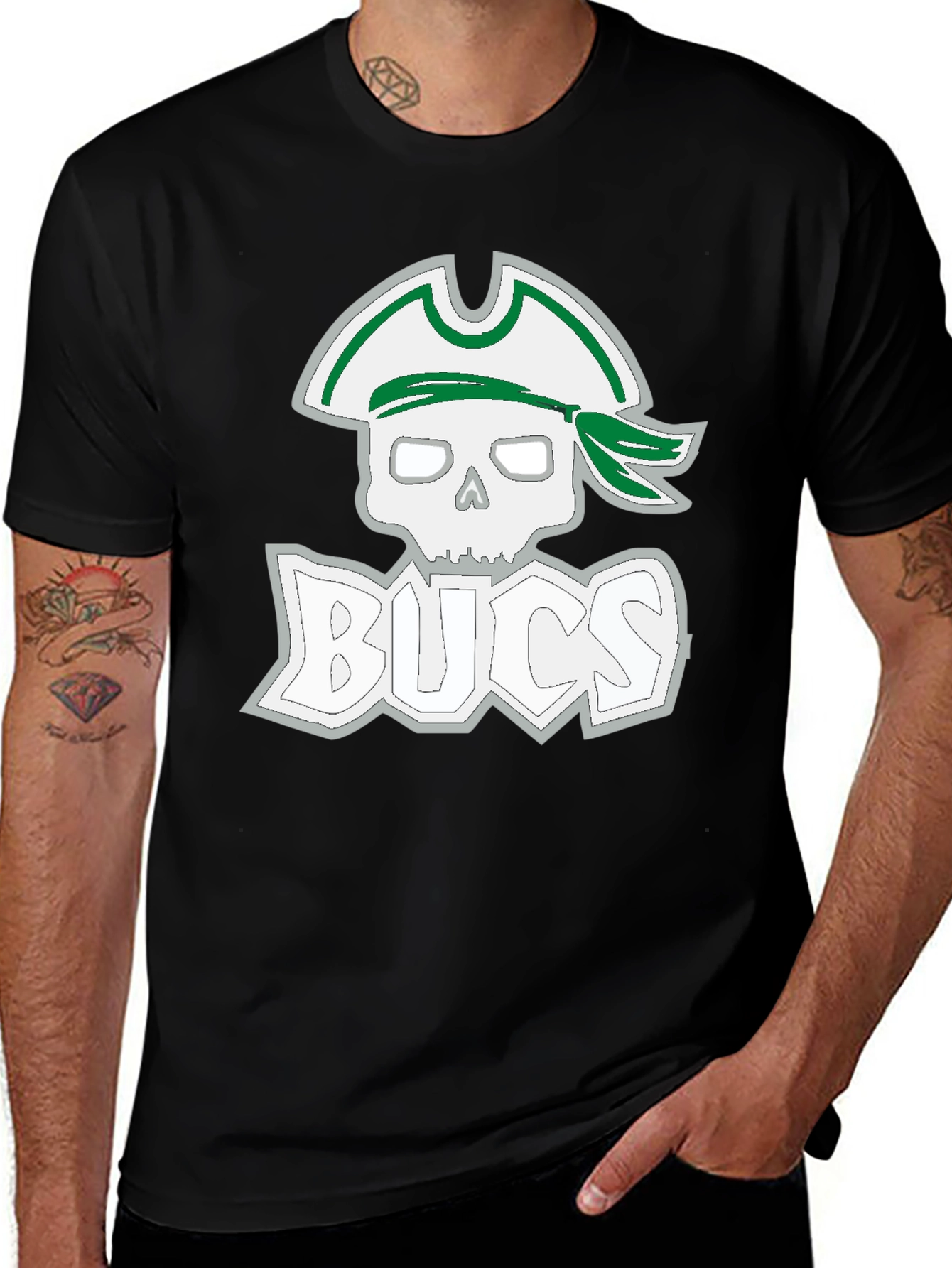 Variant 21 of Men's Black T-Shirt with Pirate Skull & 'BUCS' Graphic