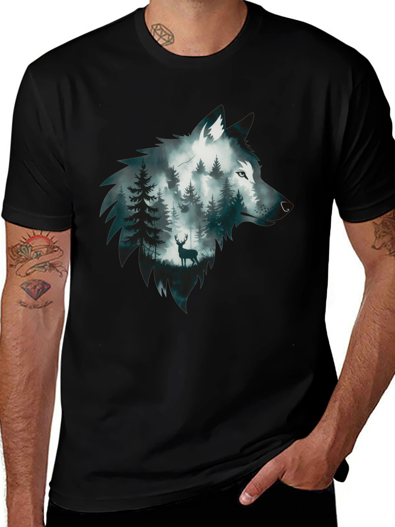Black Wolf Forest Graphic Tee - Nature Inspired Design main image