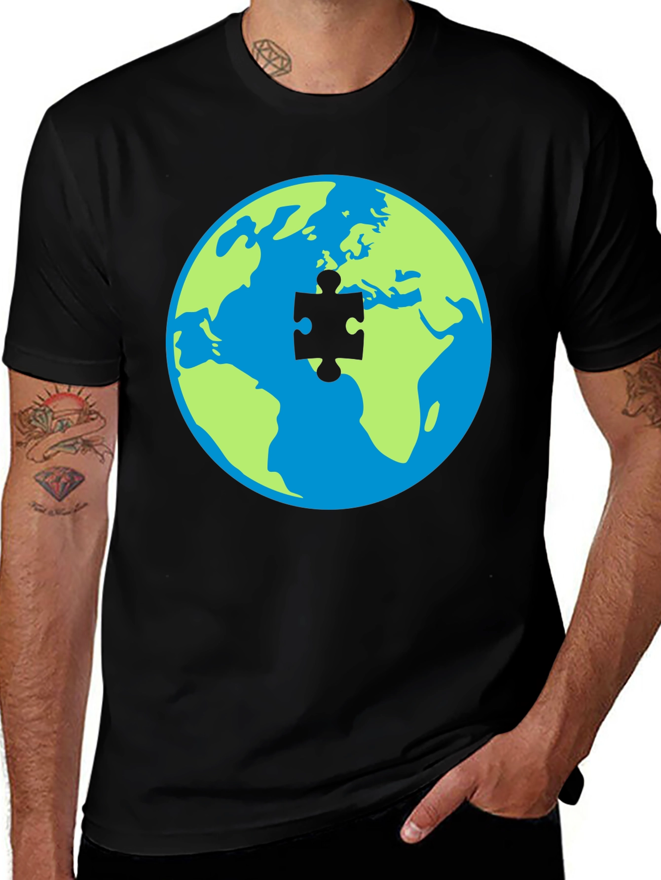 Variant 19 of Autism Awareness Earth Puzzle Piece Graphic T-Shirt