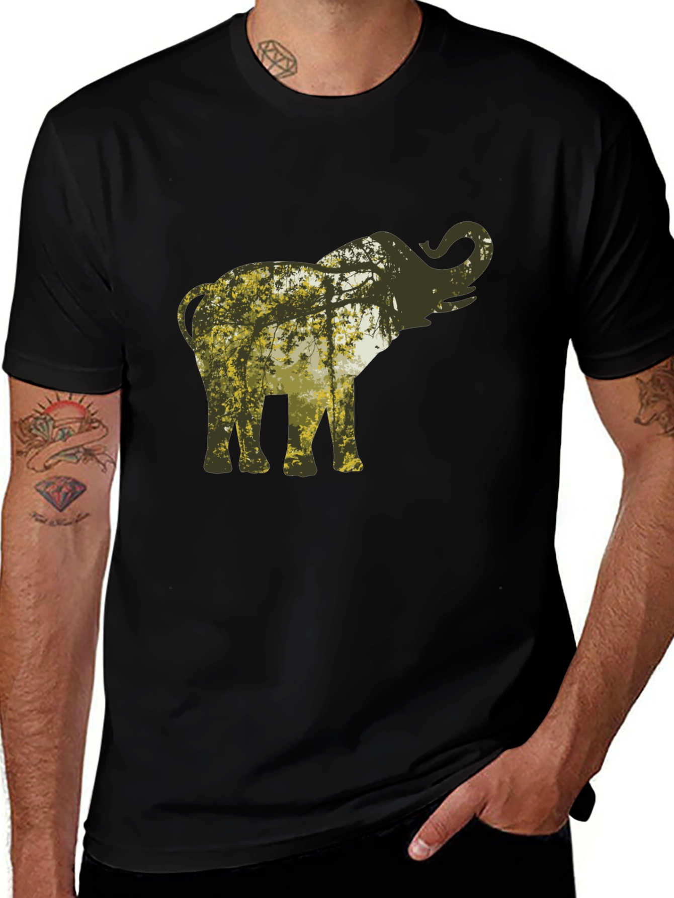 Variant 13 of Elephant Silhouette Forest Print Black T-Shirt