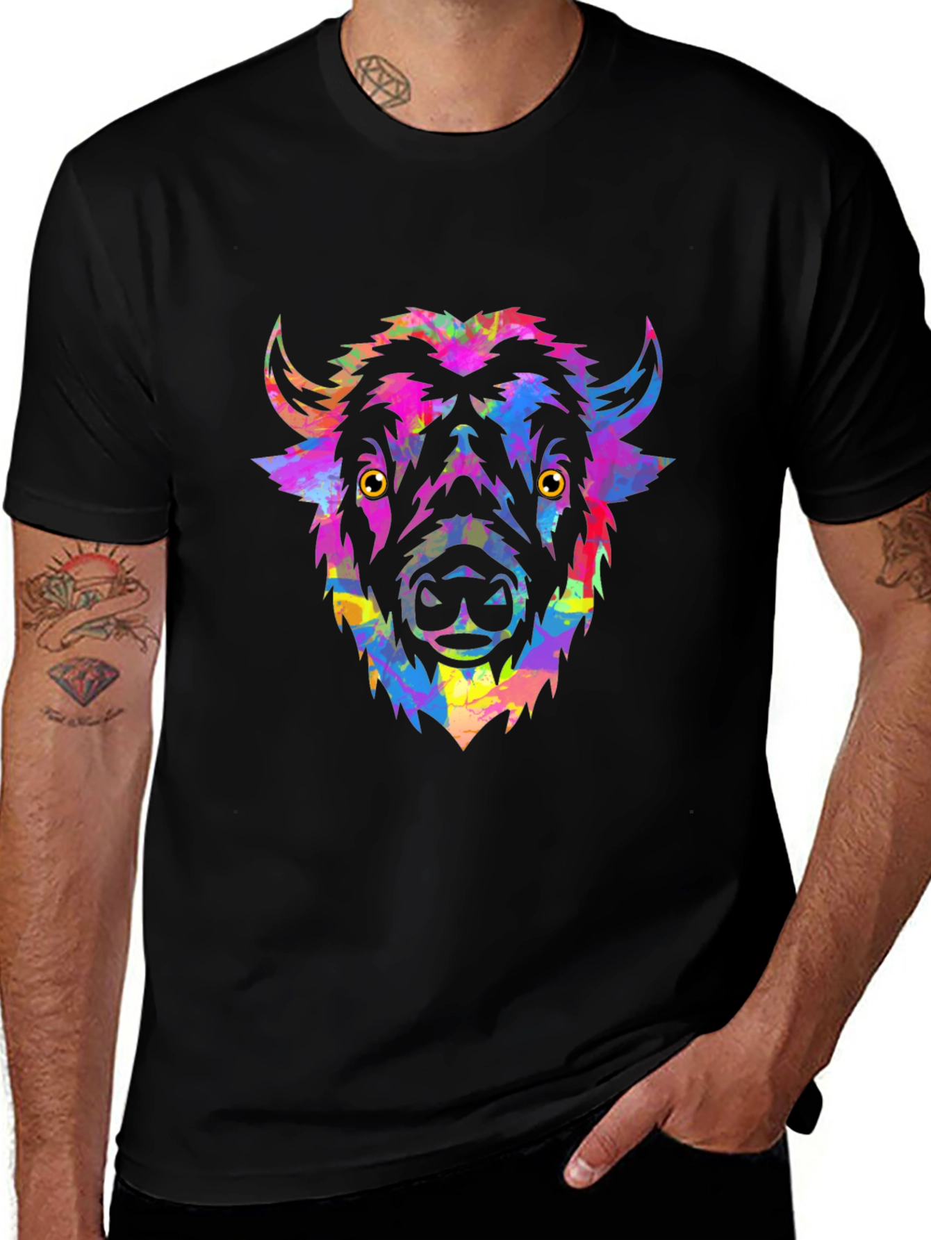 Variant 7 of Colorful Bison Head Graphic Tee - Men's Black T-Shirt