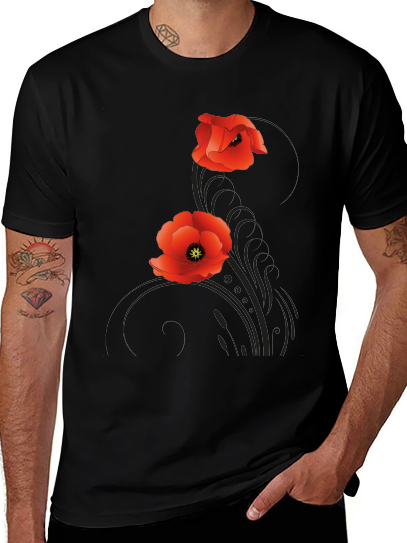 Variant 13 of Floral Poppy Print Black T-Shirt