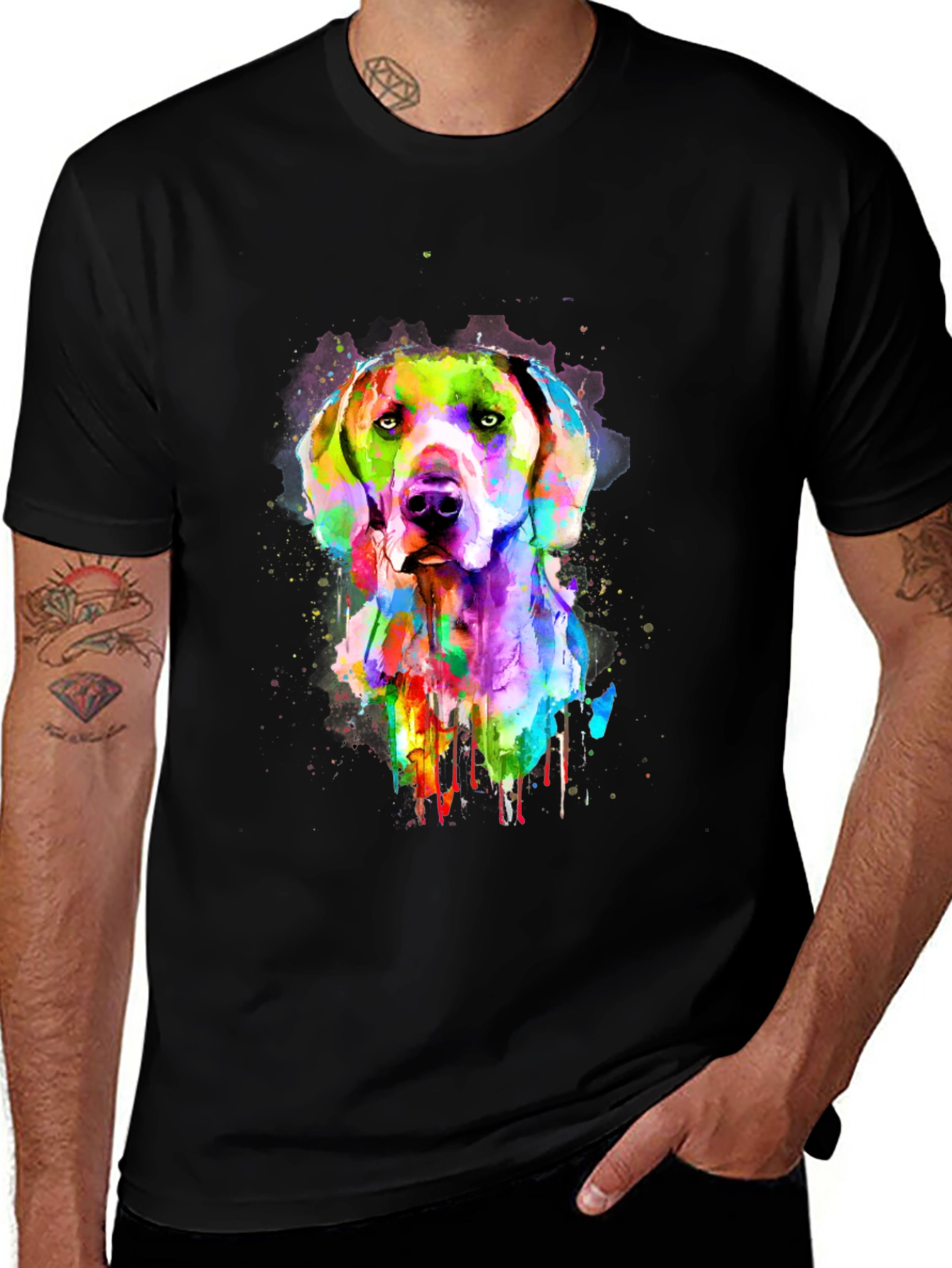Colorful Dog Watercolor Graphic Black T-Shirt