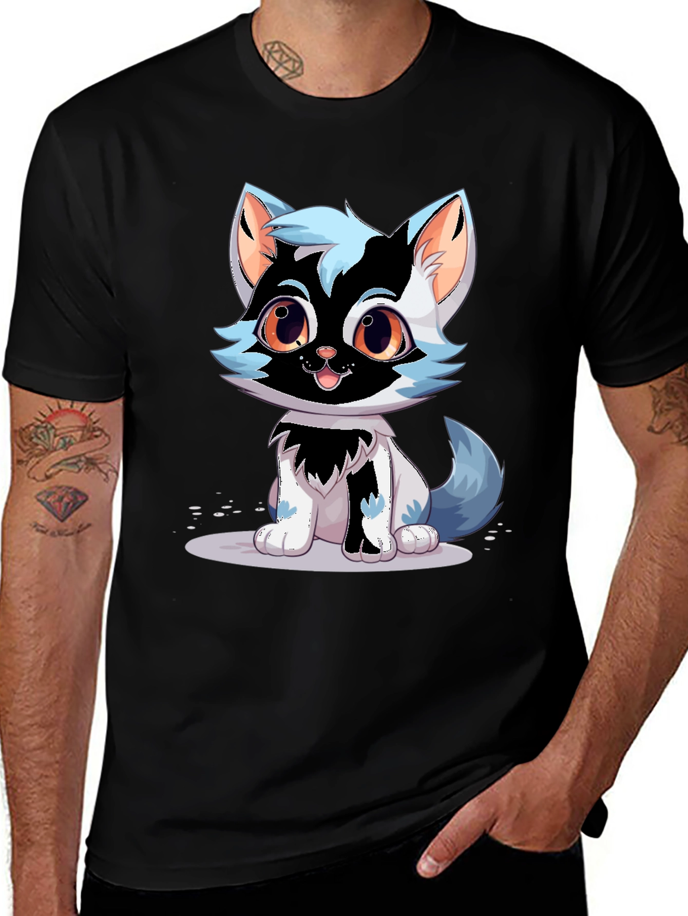 Variant 21 of Cute Cartoon Cat Graphic Tee - Black