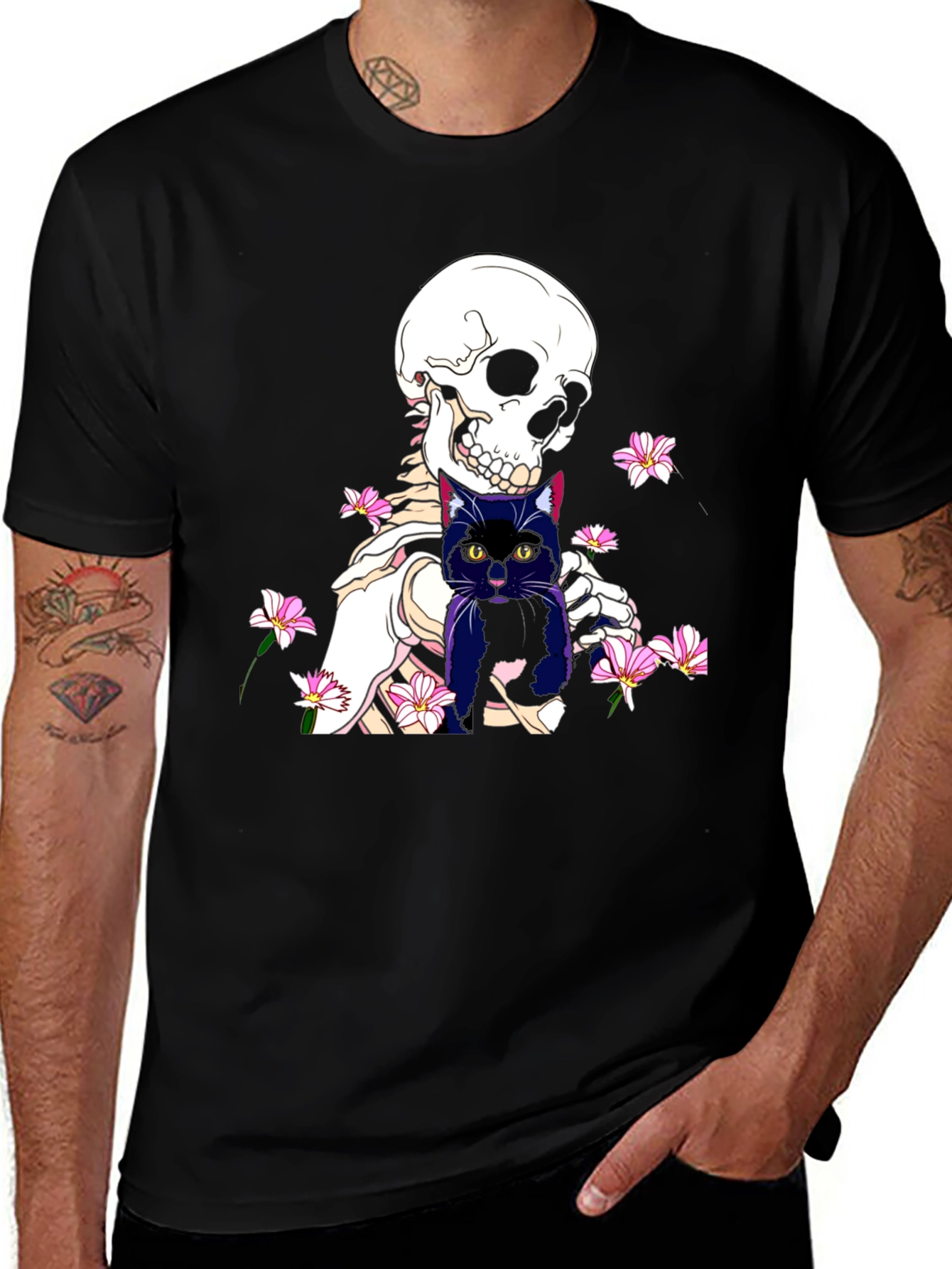 Variant 12 of Skeleton Cat Graphic Tee - Black