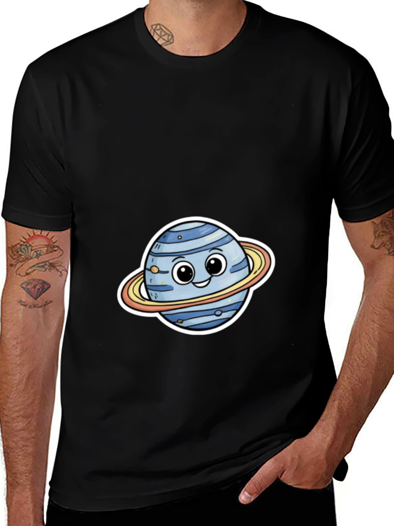 Variant 2 of Cute Planet Cartoon Graphic Tee - Black