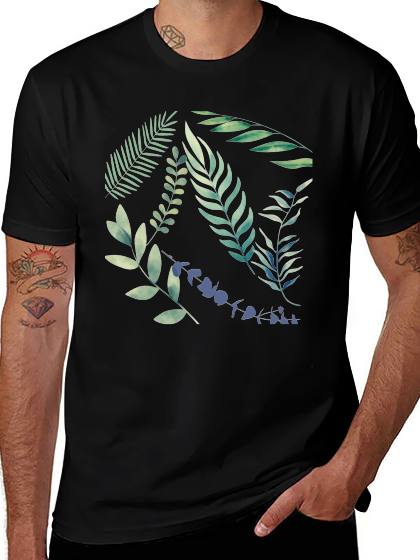 Variant 28 of Botanical Print Black T-Shirt - Nature Inspired Design