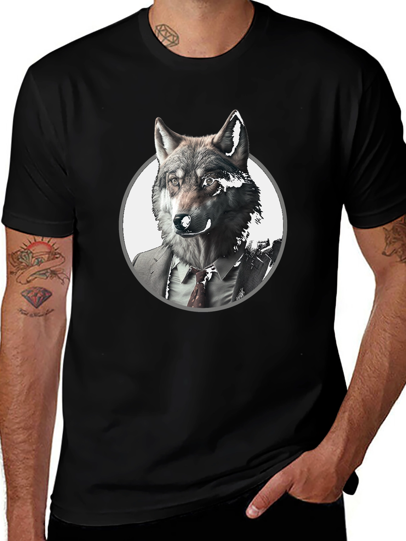 Wolf in Suit Graphic Tee - Black Crew Neck T-Shirt