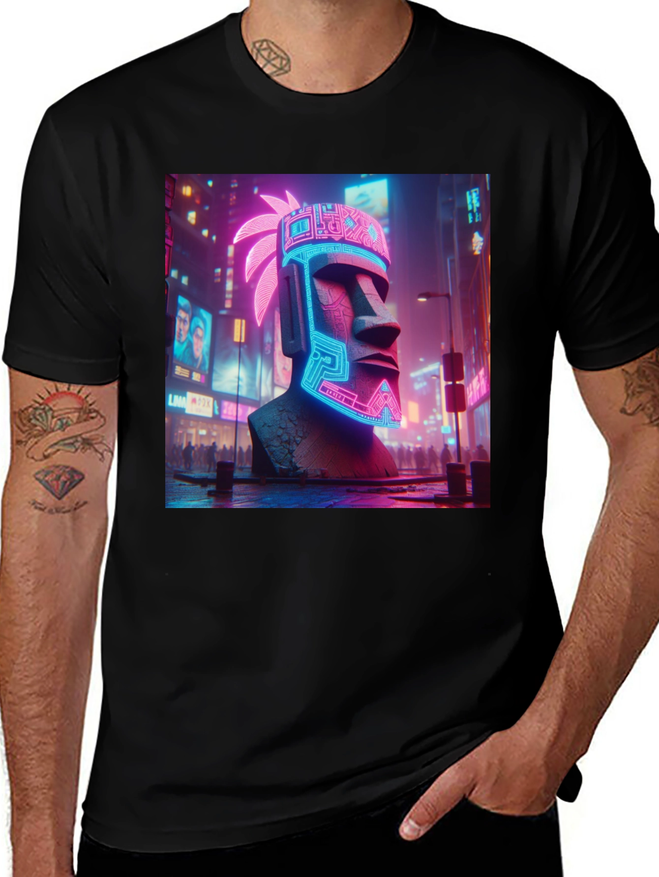 Cyberpunk Moai T-Shirt - Neon City Vibes