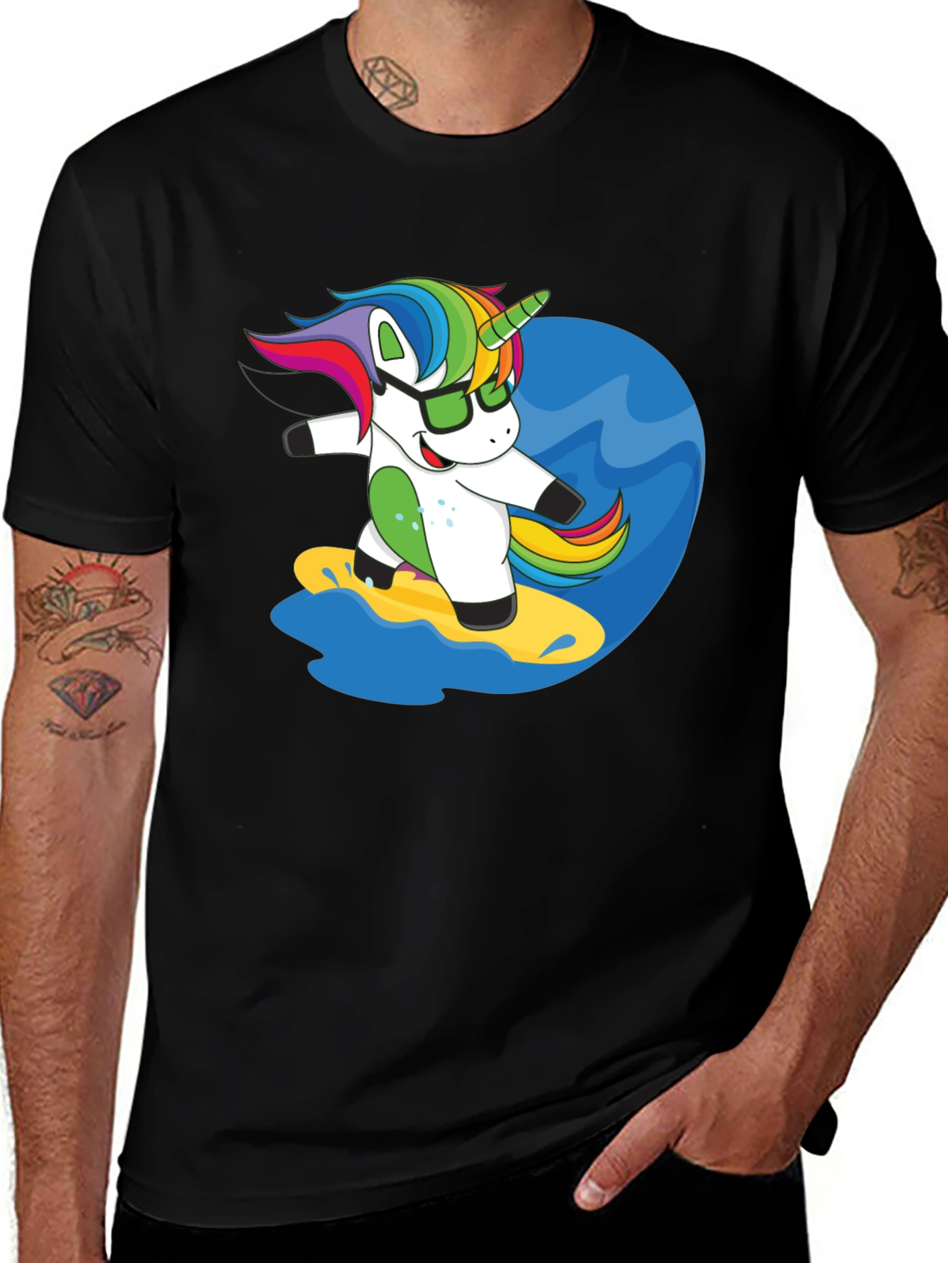 Variant 26 of Surfing Unicorn Graphic Tee - Black
