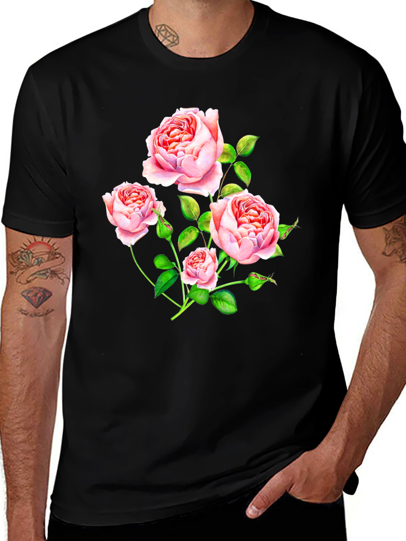 Variant 6 of Floral Print Black T-Shirt - Elegant Roses