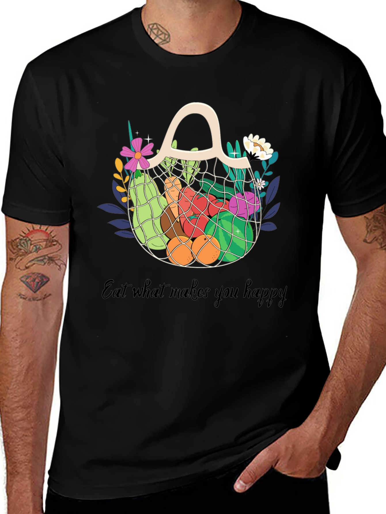 Variant 4 of Eat Happy Black Graphic Tee - Fruit & Veggie Market Bag