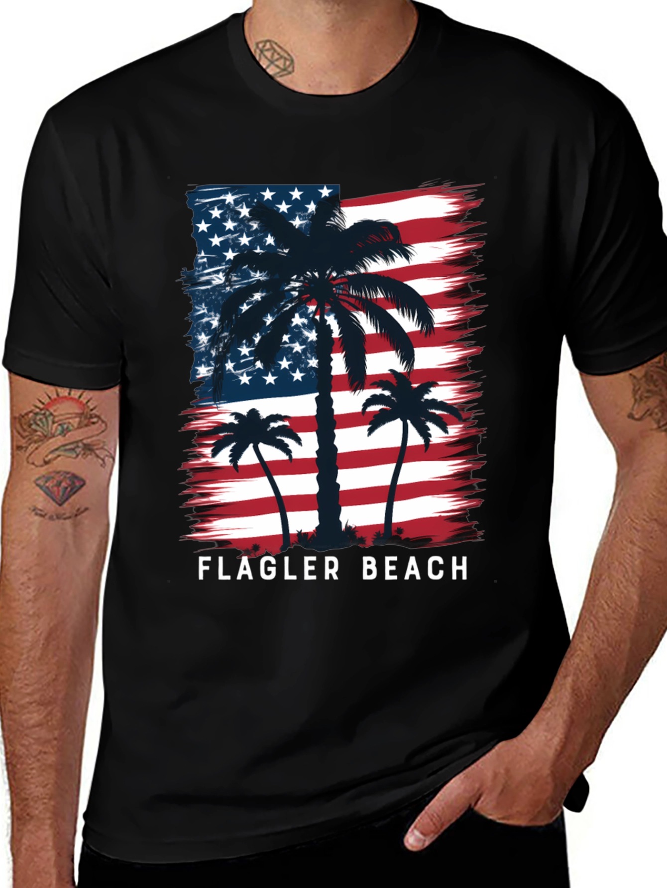Flagler Beach USA Flag Palm Tree Graphic T-Shirt