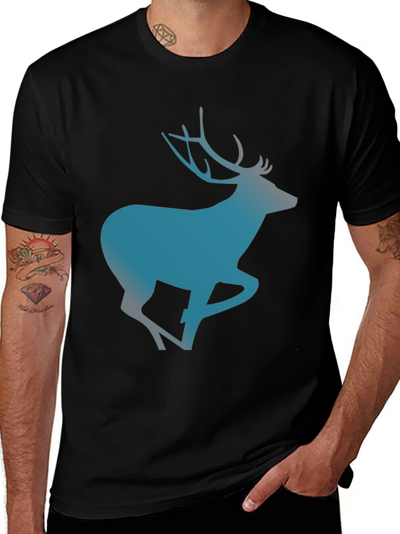 Variant 3 of Men's Black T-Shirt with Blue Deer Graphic
