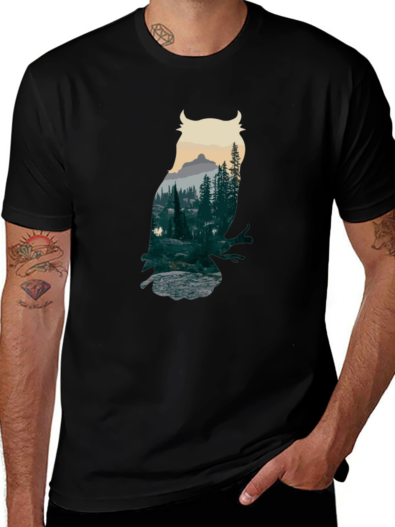 Variant 25 of Owl Forest Graphic Black T-Shirt