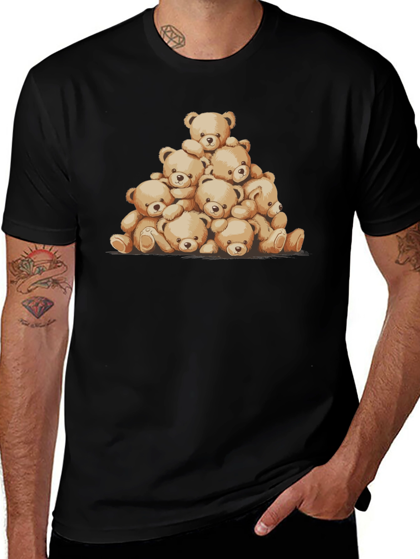 Variant 14 of Teddy Bear Pile Graphic Tee - Black Cotton Shirt